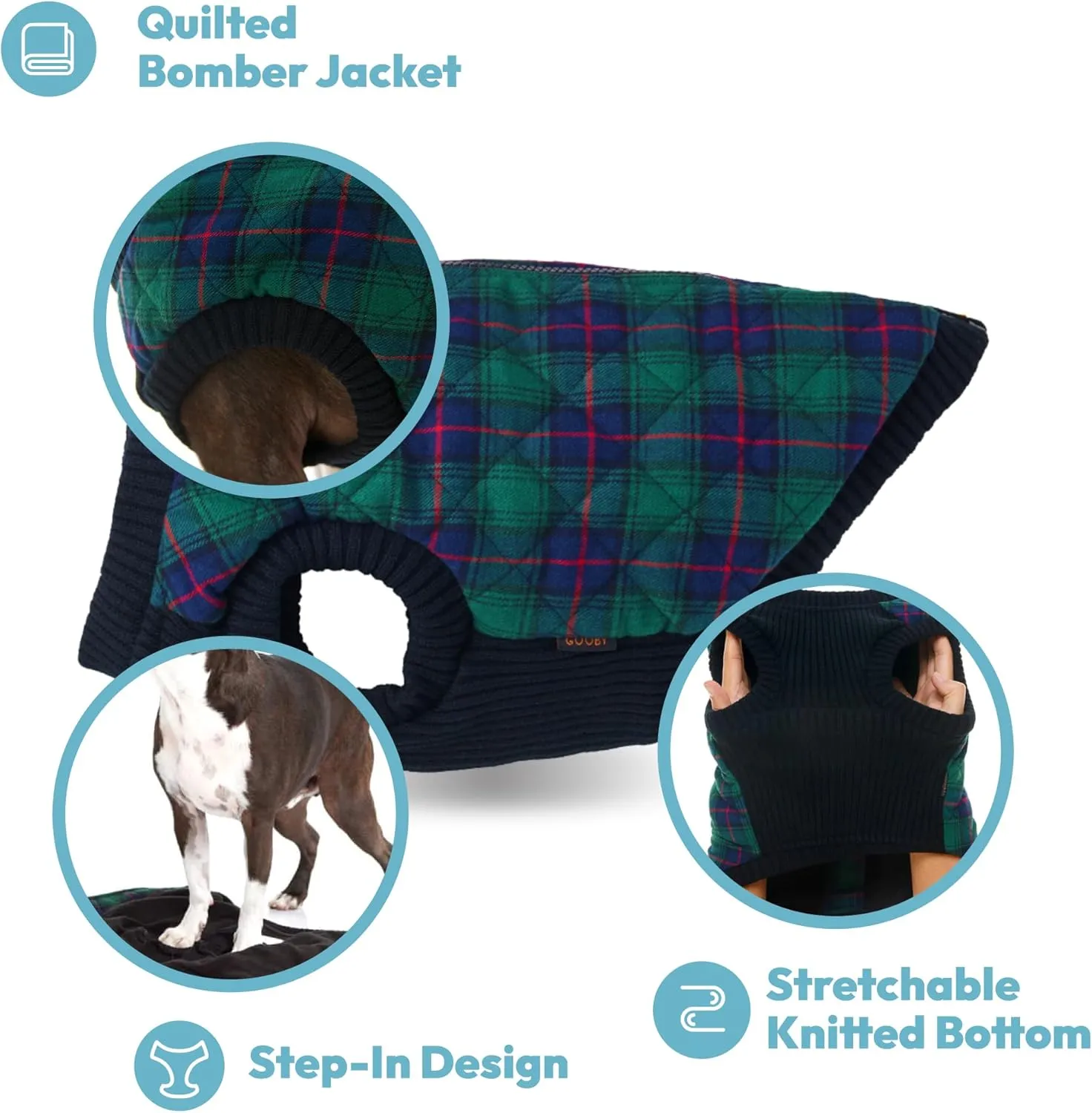 Gooby Fashion Vest Check Dog Jacket - Green Check, Medium - Warm Zip Up Bomber Vest Dual D Ring Leash - Winter Water Resistant Small Dog Sweater