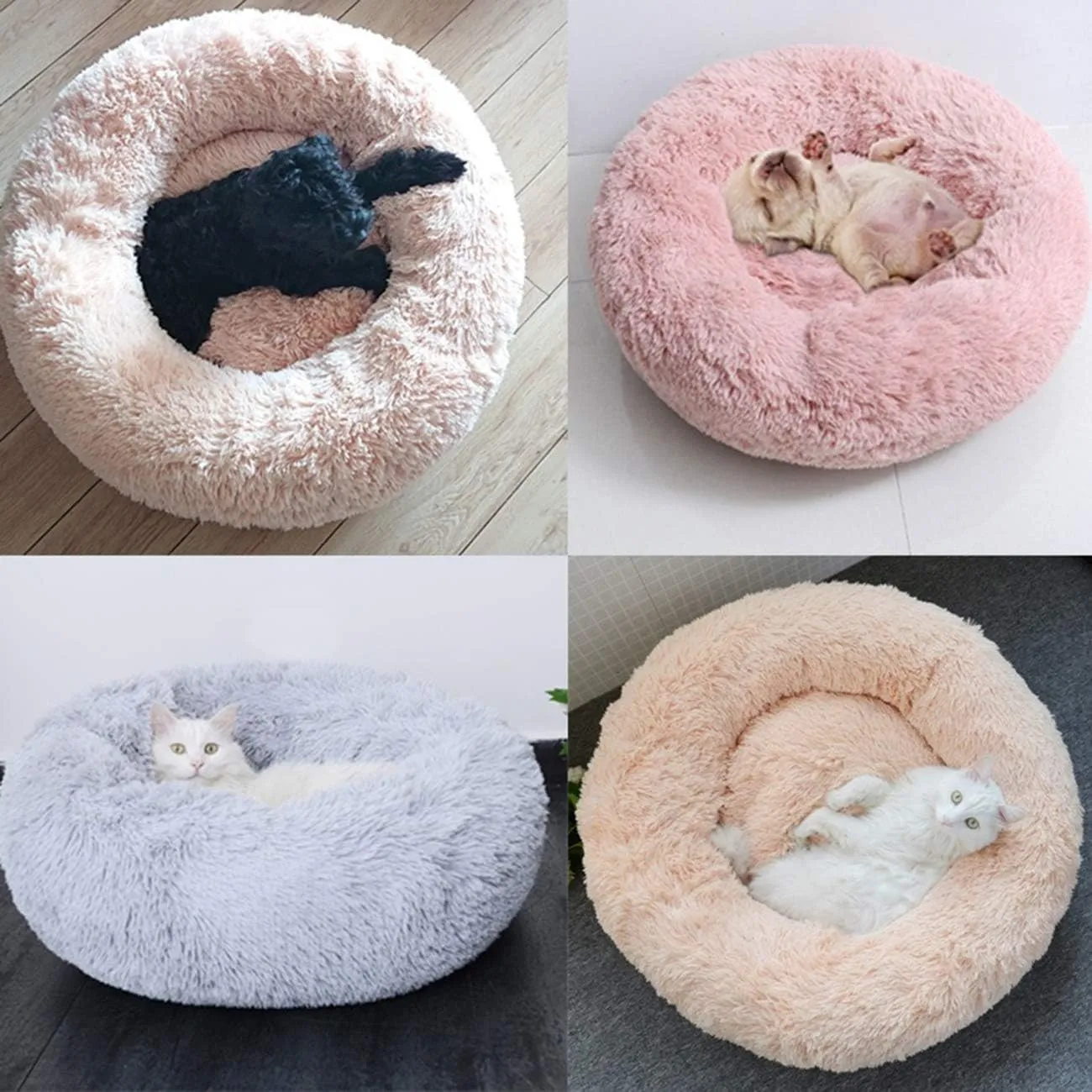 huraty Plush Calming Dog Bed, Faux Fur Donut Cuddler Bed for Cats, Anti-Skid & Anti-Anxiety, 20 Inch for Puppy and Kitties, White, S