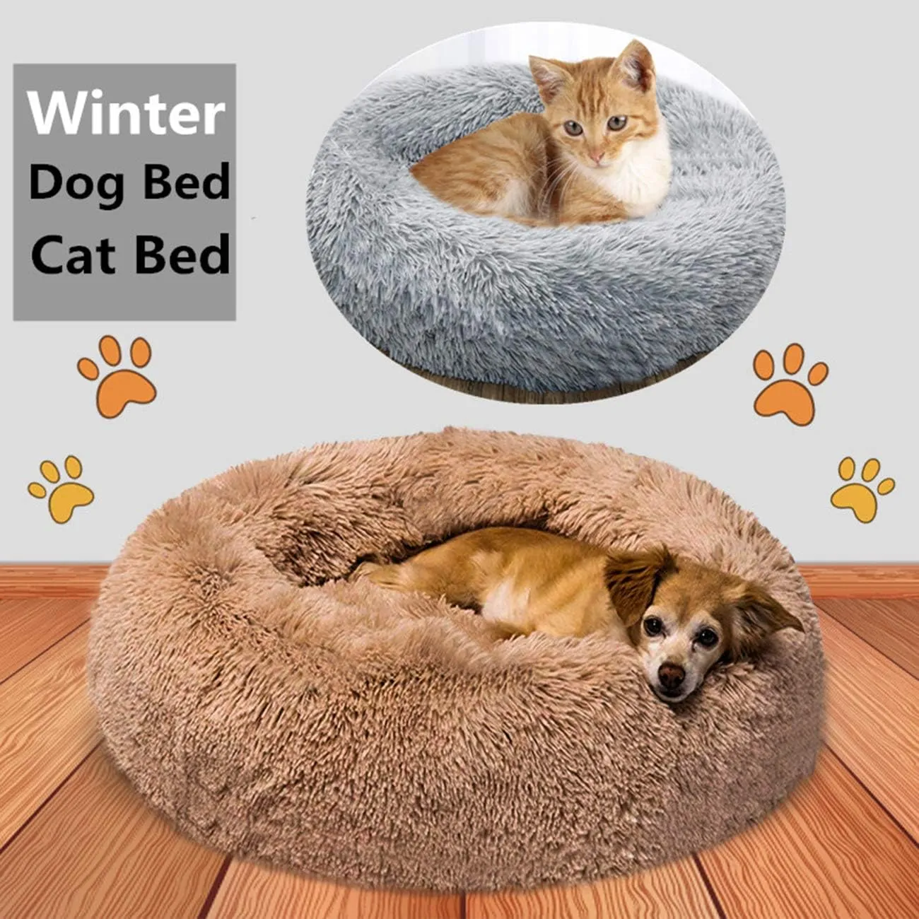 huraty Plush Calming Dog Bed, Faux Fur Donut Cuddler Bed for Cats, Anti-Skid & Anti-Anxiety, 20 Inch for Puppy and Kitties, White, S