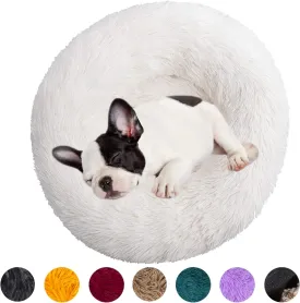 huraty Plush Calming Dog Bed, Faux Fur Donut Cuddler Bed for Cats, Anti-Skid & Anti-Anxiety, 20 Inch for Puppy and Kitties, White, S