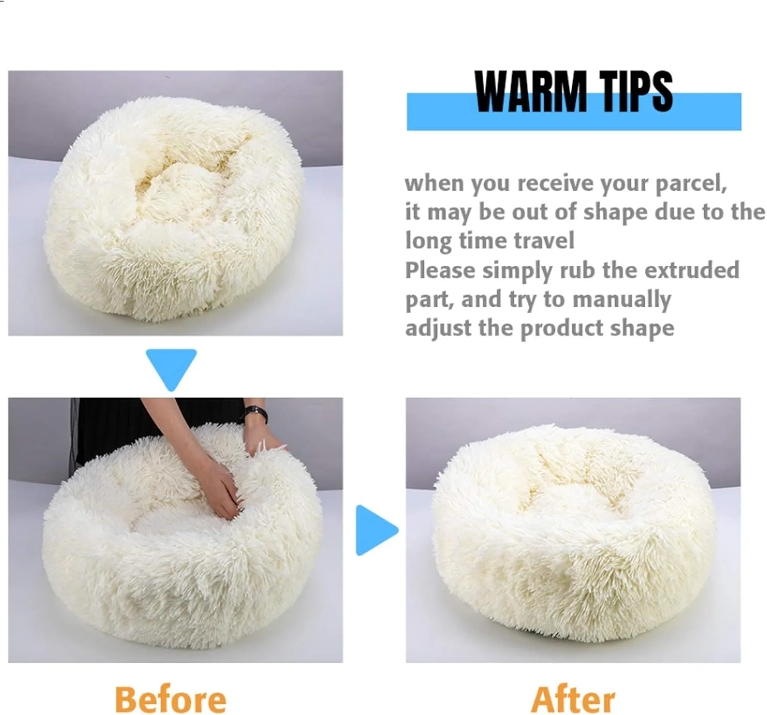 huraty Plush Calming Dog Bed, Faux Fur Donut Cuddler Bed for Cats, Anti-Skid & Anti-Anxiety, 20 Inch for Puppy and Kitties, White, S
