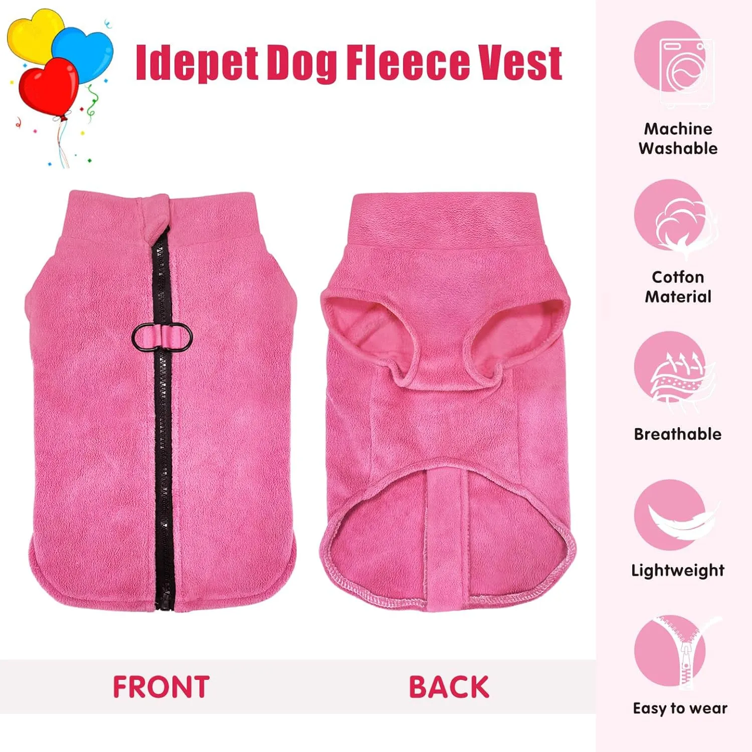 Idepet Dog Fleece Vest Sweater Zip Up Warm Pullover Dogs Jacket with D-Ring Leash Winter Cold Weater Coat Pet Sweatershirt Clothes Hoodie for Small Medium Dogs Boy Girl (Rose Red, XXS)
