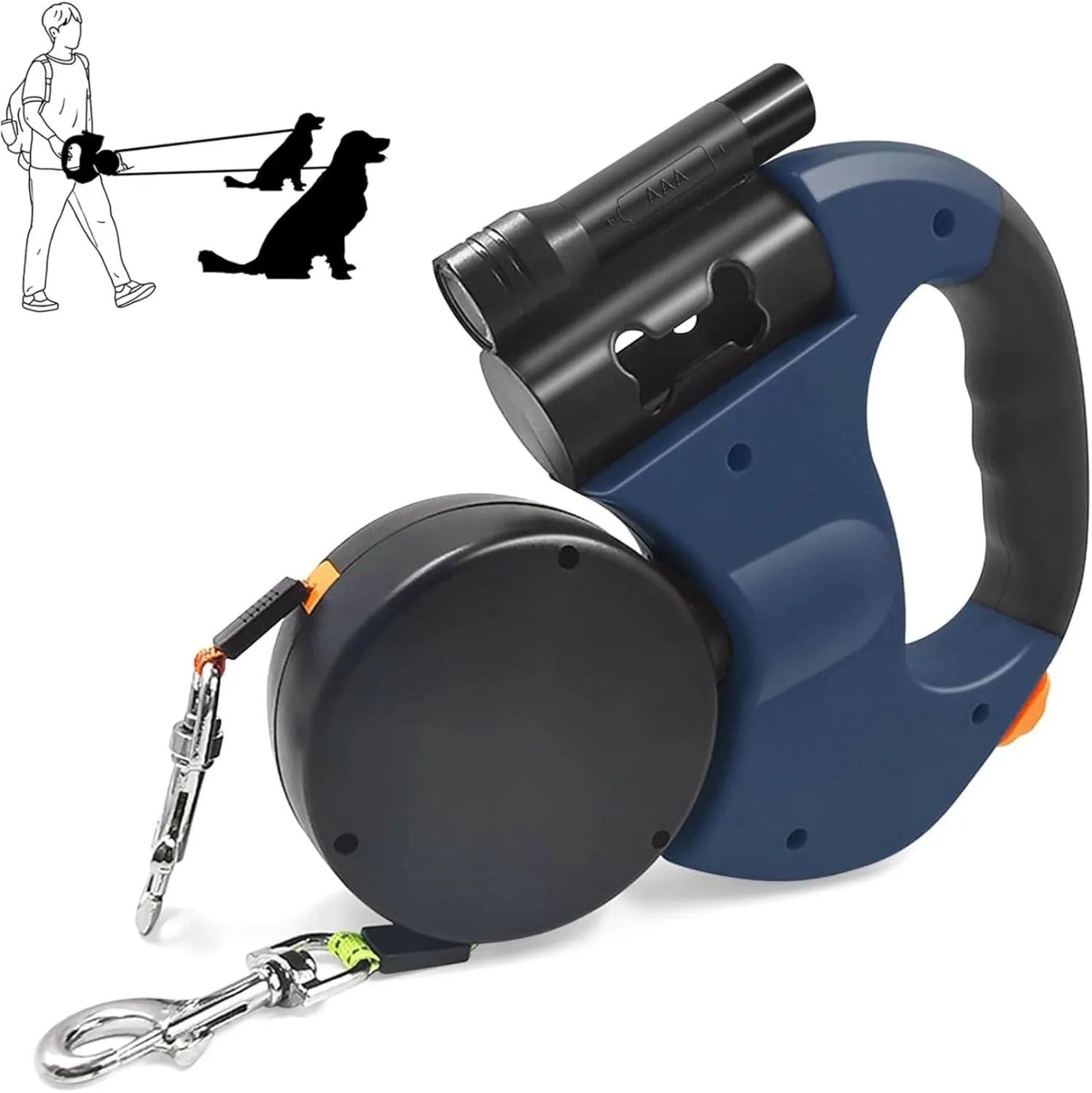 Illuminated Double Retractable Leash for Two Dogs, 360 Anti-Tangle Swivel Strap and 3M Retractable Strap with Comfortable Ergonomic Handle for Small and Medium-Sized Pets on The go (Blue)