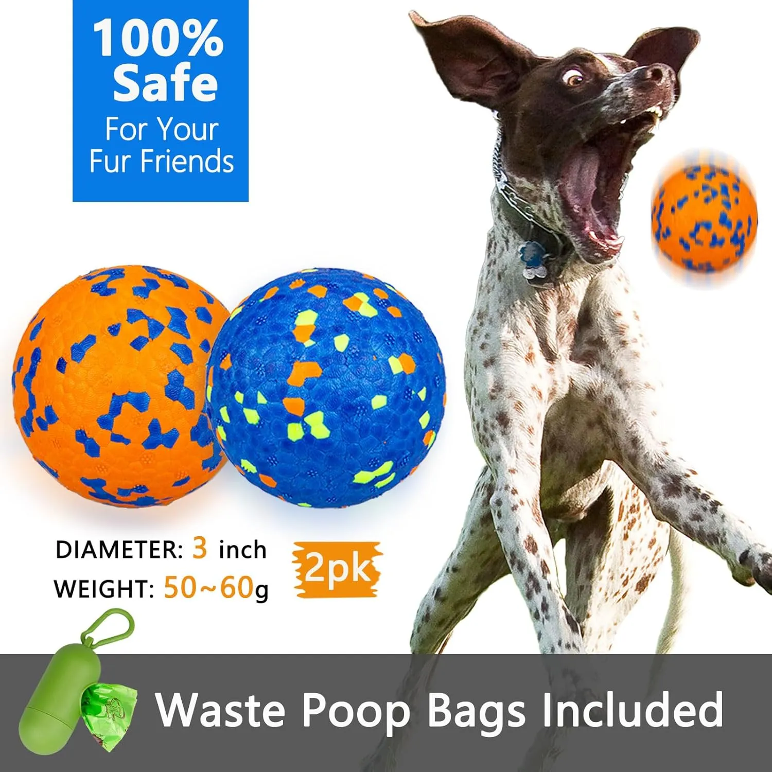 Indestructible Dog Tennis Balls for Aggressive Chewers, Indestructible Dog Balls for Fetch Game, Durable Bouncy Lightweight Floating Toys (1 Blue   1 Orange, Large (3" Diameter))