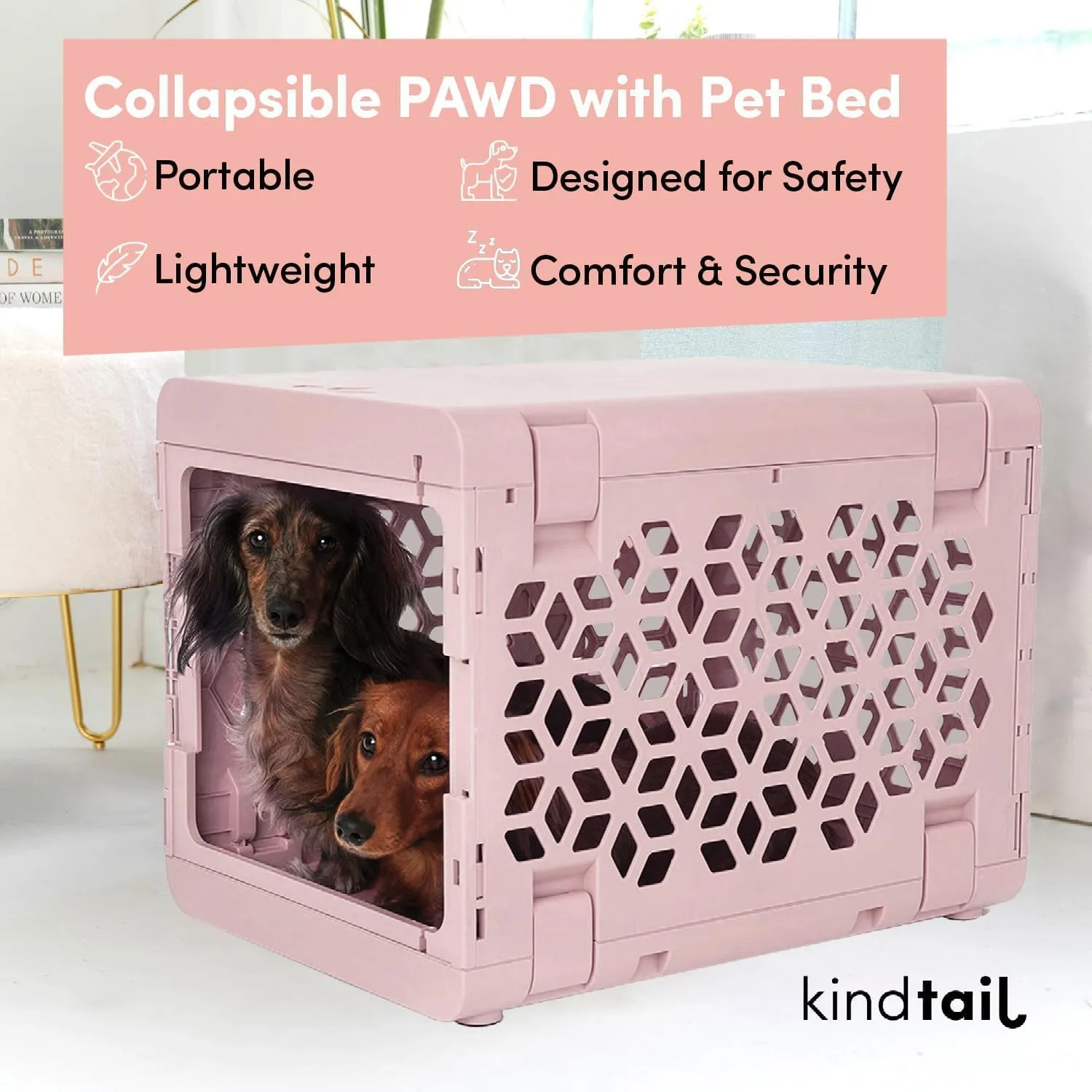 KindTail PAWD Collapsible Puppy and Dog Crate   Washable Bed - Stylish Pet Kennel with Comfortable Pad - Safe Indoor Set - Lightweight, Compact & Portable for Travel - Small Grey