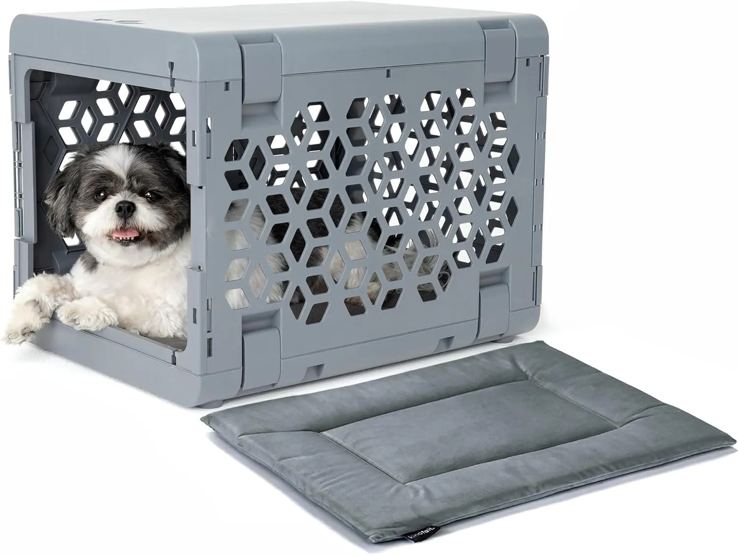 KindTail PAWD Collapsible Puppy and Dog Crate   Washable Bed - Stylish Pet Kennel with Comfortable Pad - Safe Indoor Set - Lightweight, Compact & Portable for Travel - Small Grey