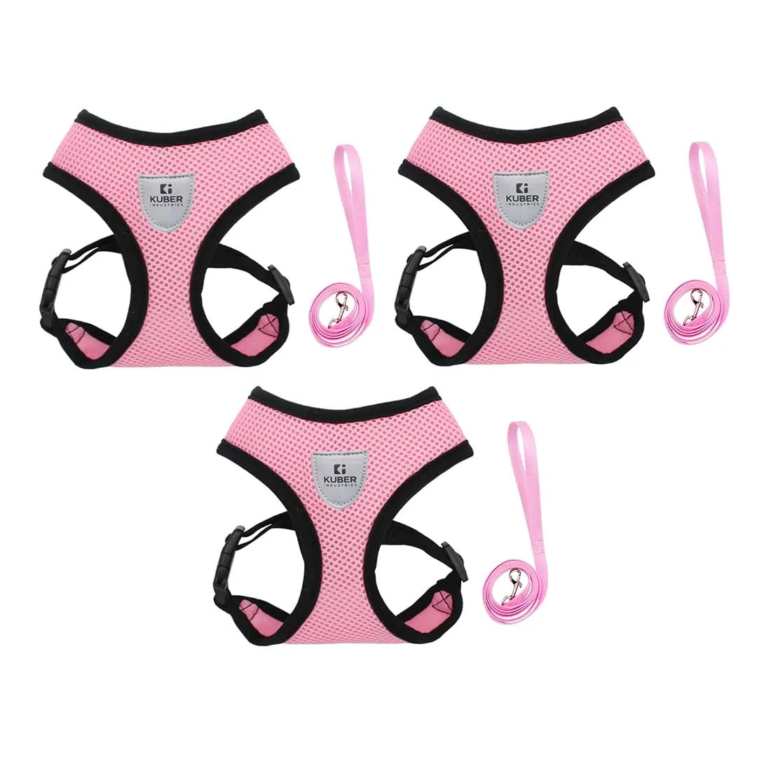 Kuber Industries Reflective Dog Harness with Adjustable Leash|Breathable Polyester Mesh Fabric with Top Carry Handle|Large Size|HAT-818|Comfortable No-Pull Grip|Quick Release Buckles|Pink (Pack of 3)