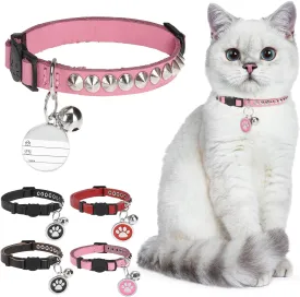 Leather Personalized Breakaway Cat Collar with Studded Bell and Safety Quick Release Buckle - Rivets Studded ID DIY Collars for Boy Girl Cats Kittens, 9" - 11.5" Pink