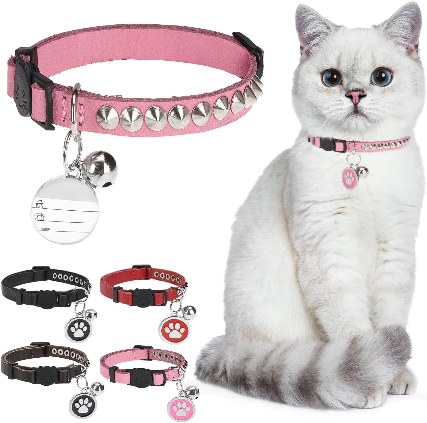 Leather Personalized Breakaway Cat Collar with Studded Bell and Safety Quick Release Buckle - Rivets Studded ID DIY Collars for Boy Girl Cats Kittens, 9" - 11.5" Pink