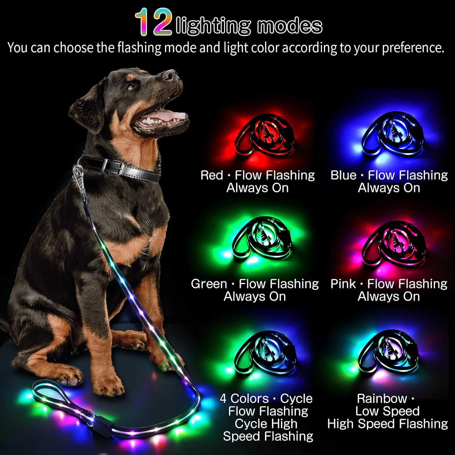 Led Dog Leash: 12 Lighting Modes Light Up Dog Leash Rechargeable - 4 Ft Lighted Dog Leashs for Night Walking Safety Glow in The Dark, Silicone Dog Leashs for Small Medium Large Dogs Walking at Night