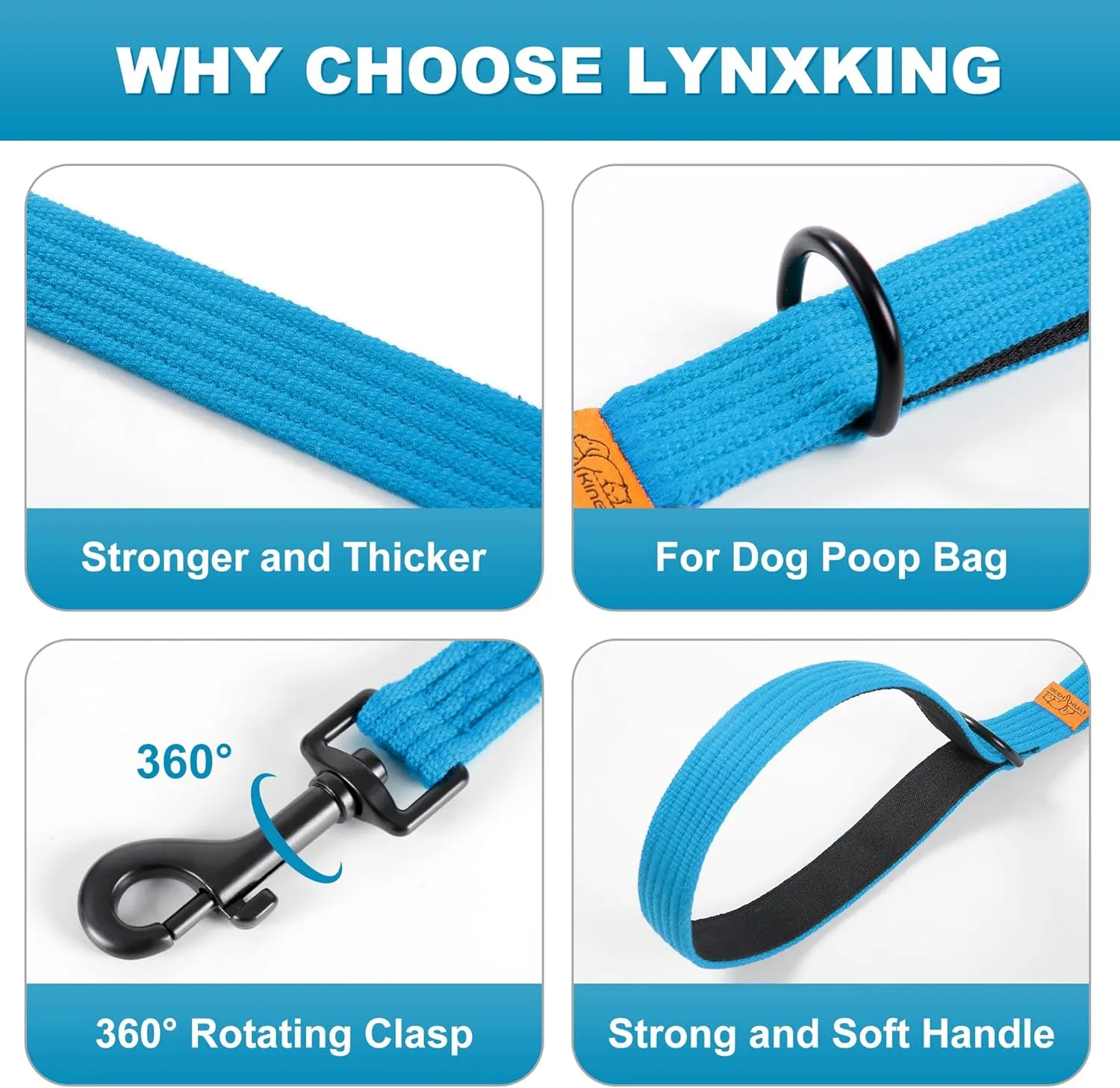 Lynxking Dog Training Leash - Double Handle Heavy Duty 6ft Webbing With 2 Padded Handles - Long Reflective Safety Walking Lead for Small Medium Large Dogs