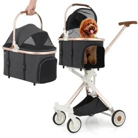 Magshion Dog Stroller for Small Dogs, 3in1 One-Hand-Fold Lightweight Pet Stroller Cat Jogger with Aluminum Frame, Detachable Carrier, Basket Storage, Adjustable Canopy, Dary Gray