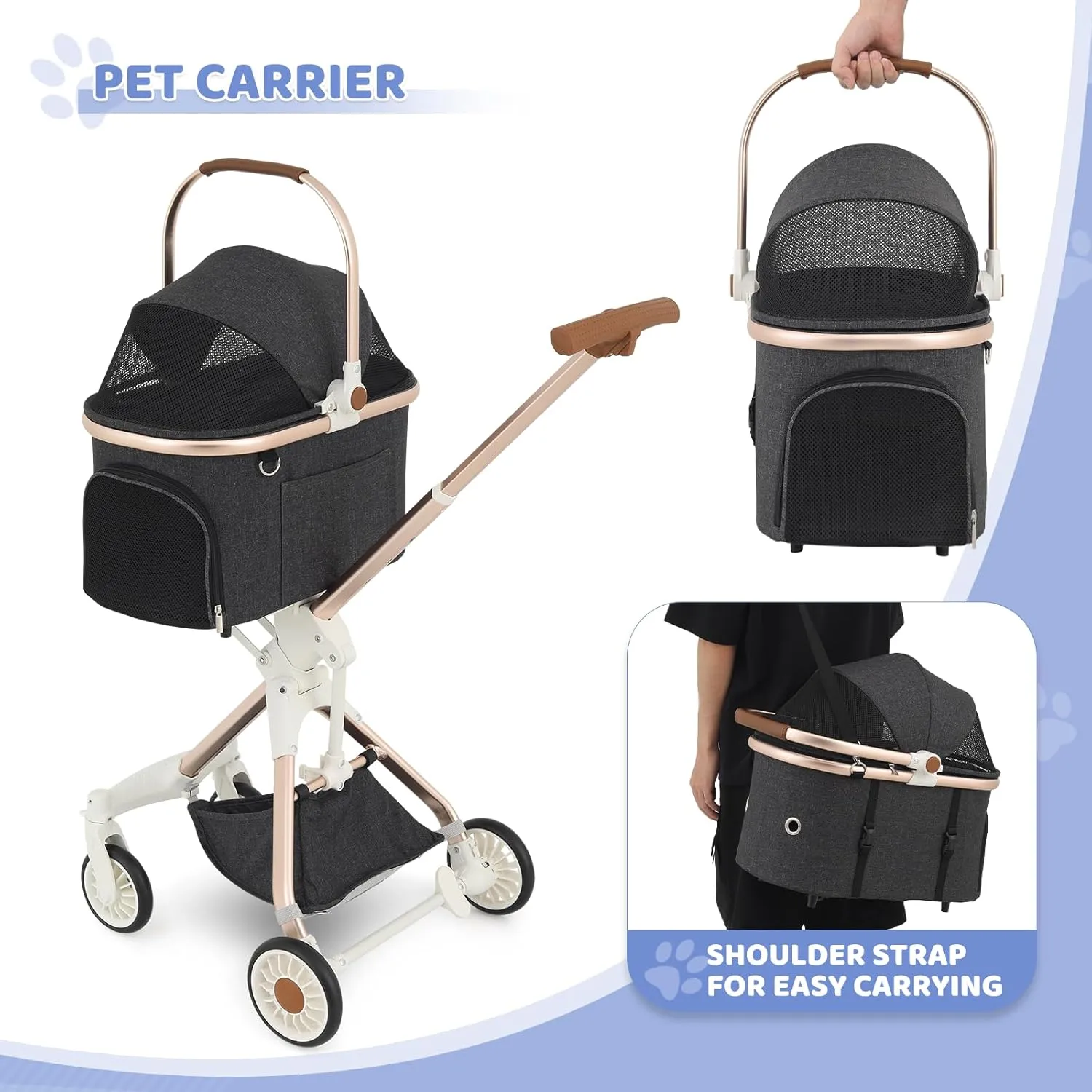 Magshion Dog Stroller for Small Dogs, 3in1 One-Hand-Fold Lightweight Pet Stroller Cat Jogger with Aluminum Frame, Detachable Carrier, Basket Storage, Adjustable Canopy, Dary Gray