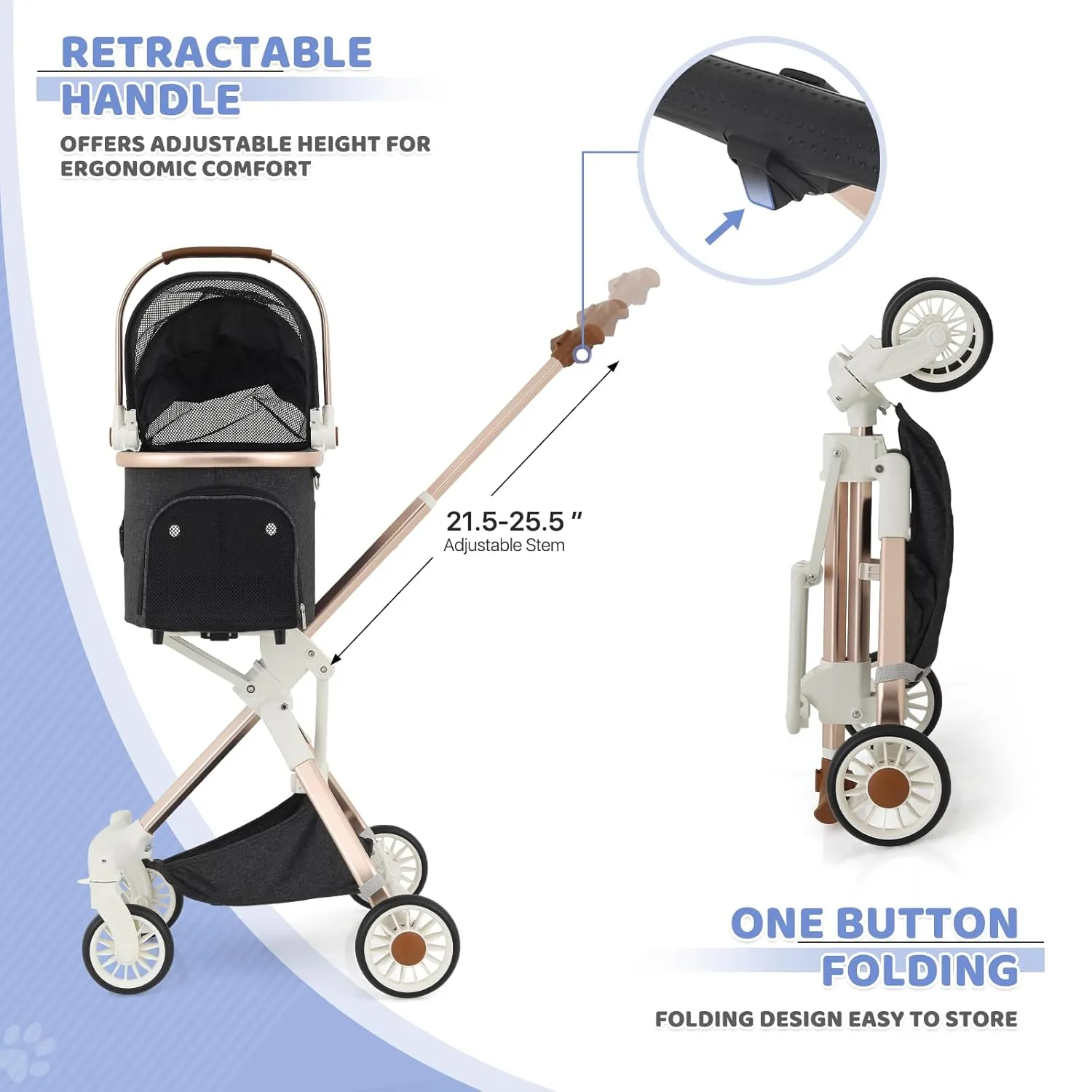 Magshion Dog Stroller for Small Dogs, 3in1 One-Hand-Fold Lightweight Pet Stroller Cat Jogger with Aluminum Frame, Detachable Carrier, Basket Storage, Adjustable Canopy, Dary Gray