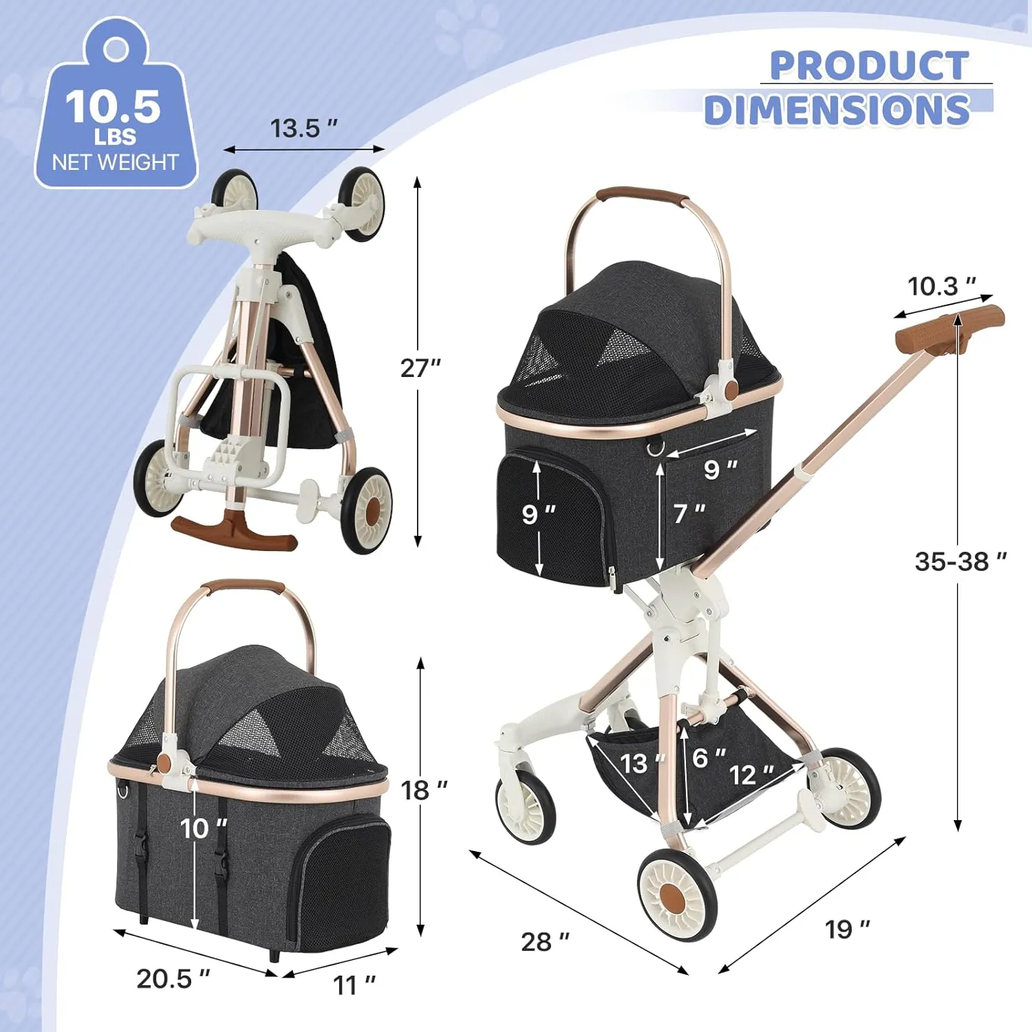 Magshion Dog Stroller for Small Dogs, 3in1 One-Hand-Fold Lightweight Pet Stroller Cat Jogger with Aluminum Frame, Detachable Carrier, Basket Storage, Adjustable Canopy, Dary Gray