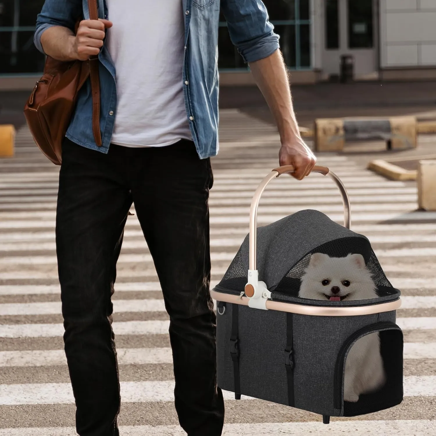 Magshion Dog Stroller for Small Dogs, 3in1 One-Hand-Fold Lightweight Pet Stroller Cat Jogger with Aluminum Frame, Detachable Carrier, Basket Storage, Adjustable Canopy, Dary Gray