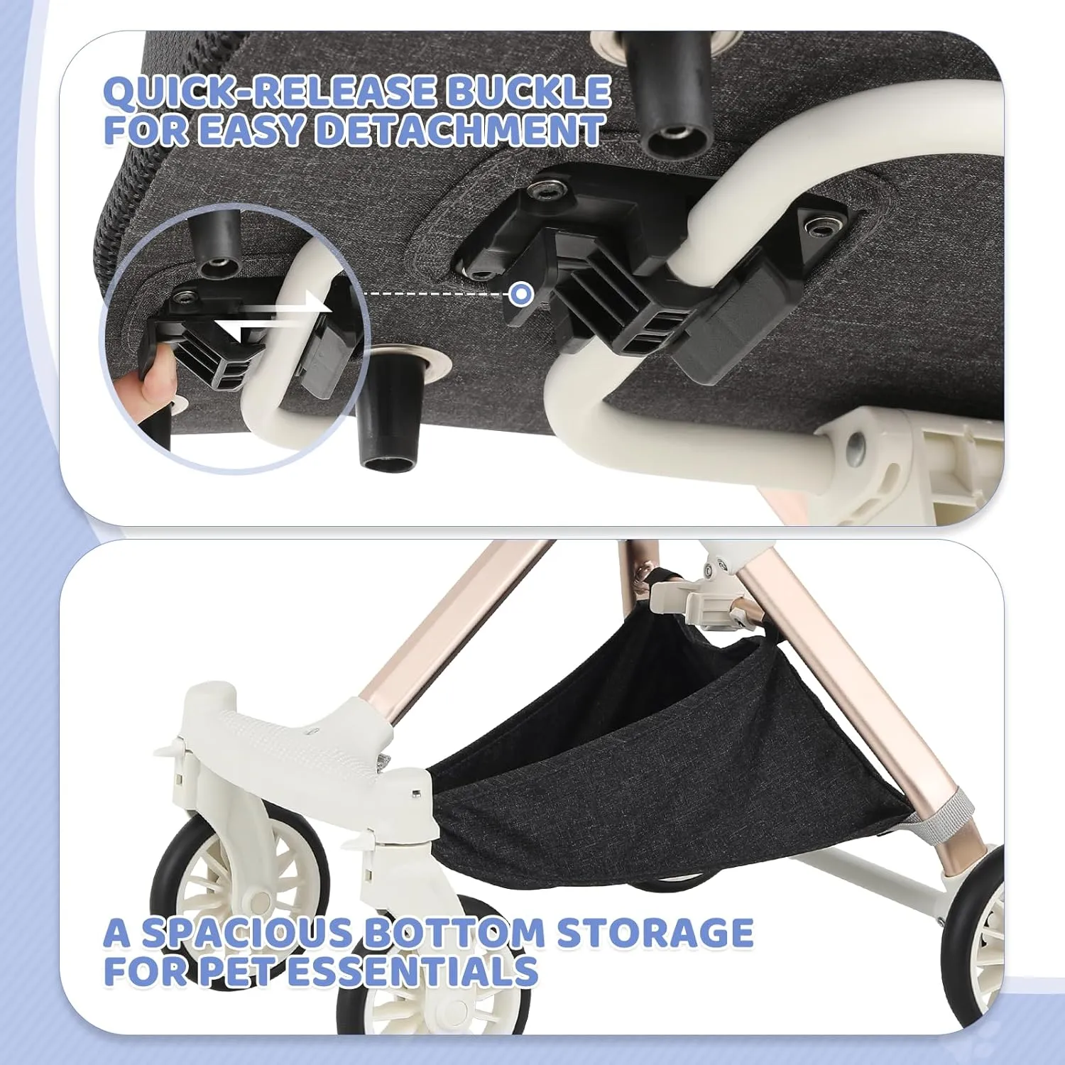 Magshion Dog Stroller for Small Dogs, 3in1 One-Hand-Fold Lightweight Pet Stroller Cat Jogger with Aluminum Frame, Detachable Carrier, Basket Storage, Adjustable Canopy, Dary Gray