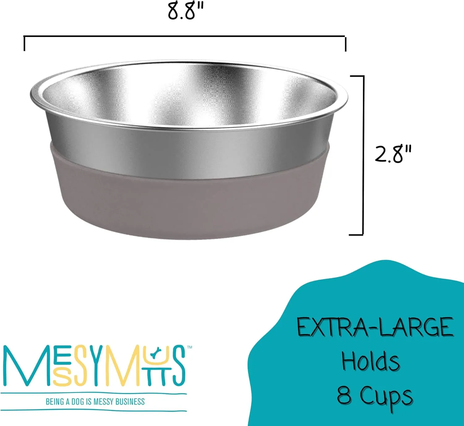 Messy Mutts Dog Bowl Stainless Steel Nonslip Bottom XL (8 Cups)