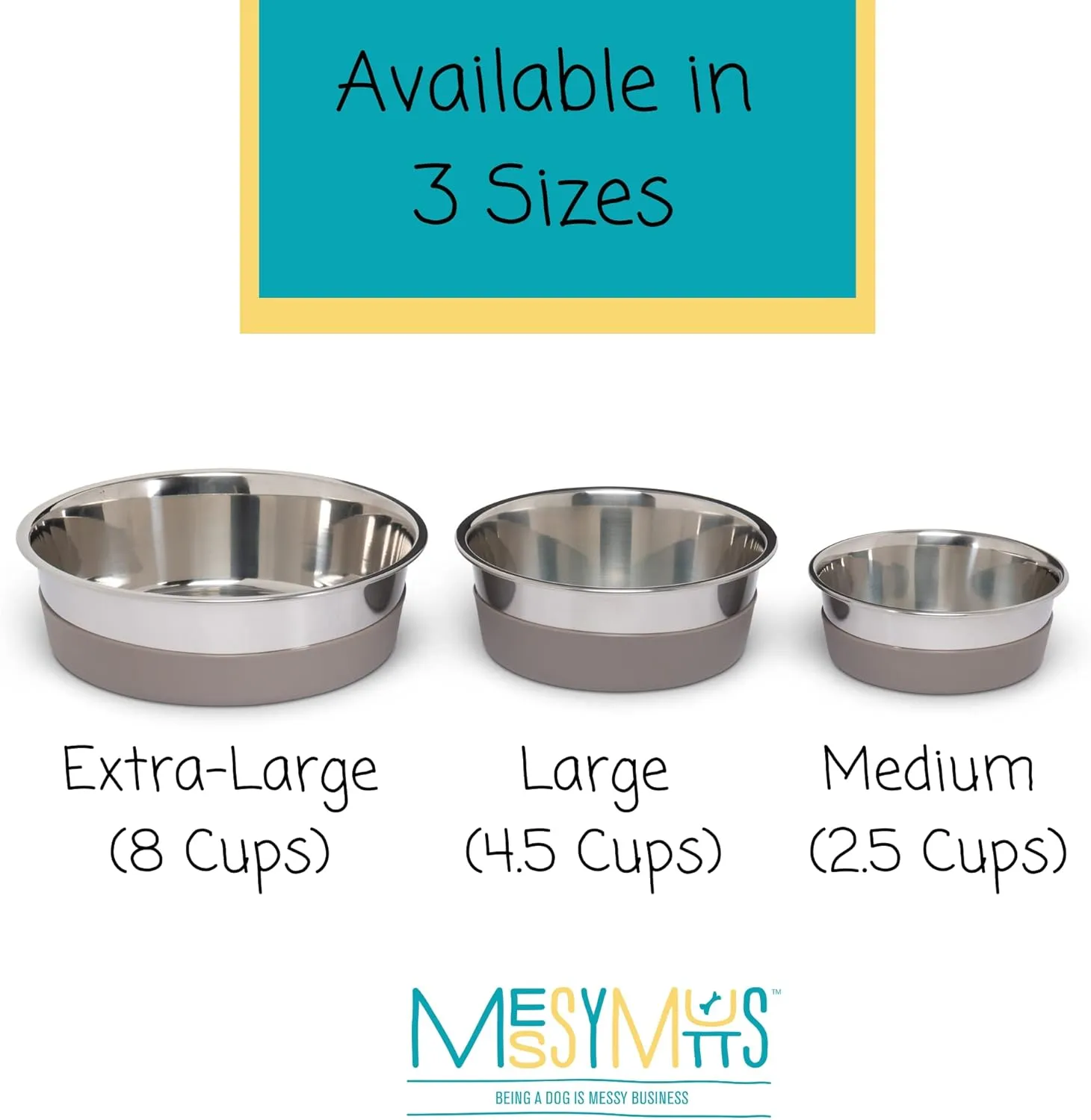 Messy Mutts Dog Bowl Stainless Steel Nonslip Bottom XL (8 Cups)
