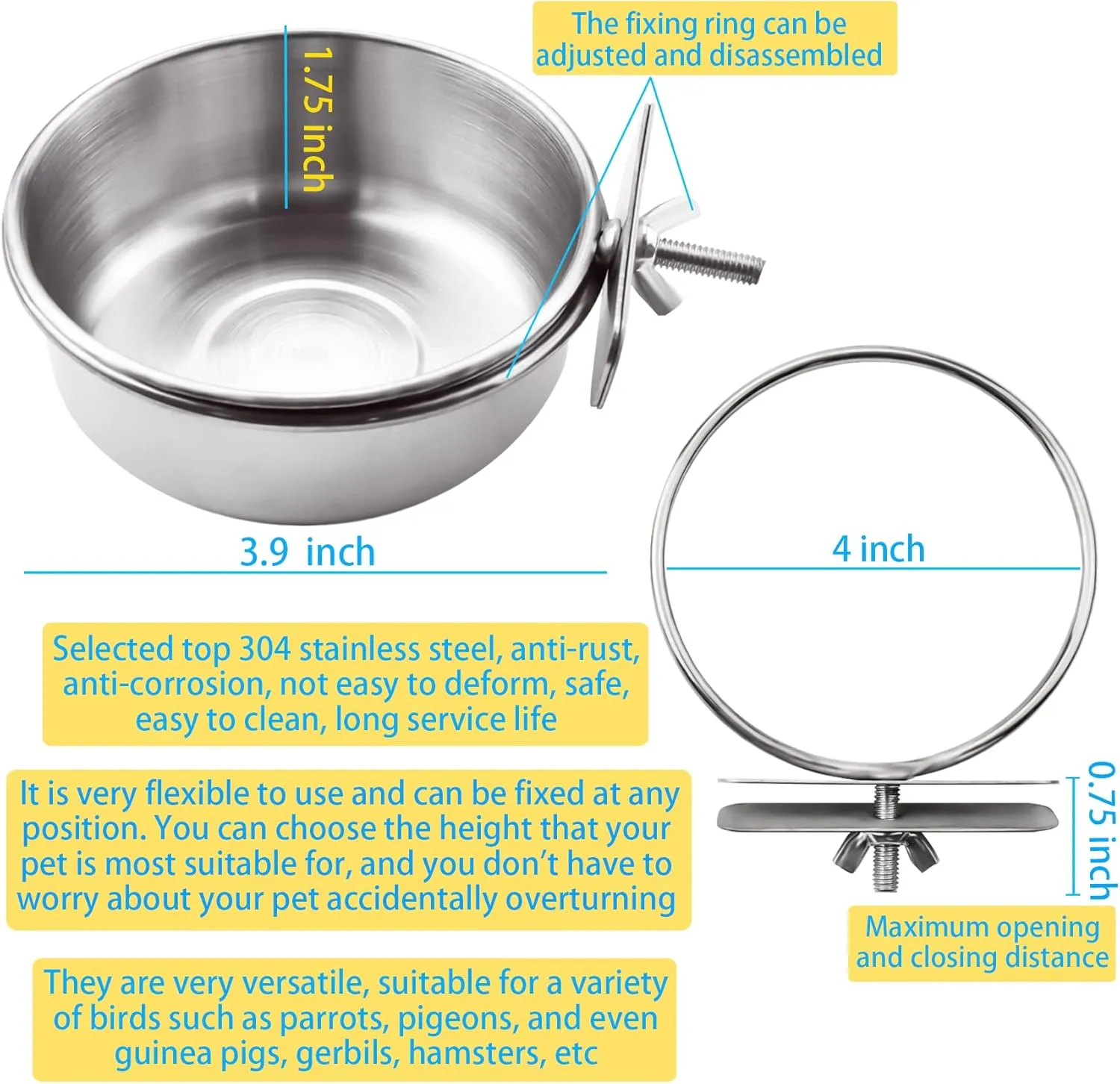 MotBach 3 Pack Bird Feeding Bowls Cups Parrot Food Water Dishes, Stainless Steel Bird Bowl Cup Dish with Clamp, Birdcage Feeder Pet Cage Bowls for Cockatiel Budgie Conure Macaw Parakeet Small Animal