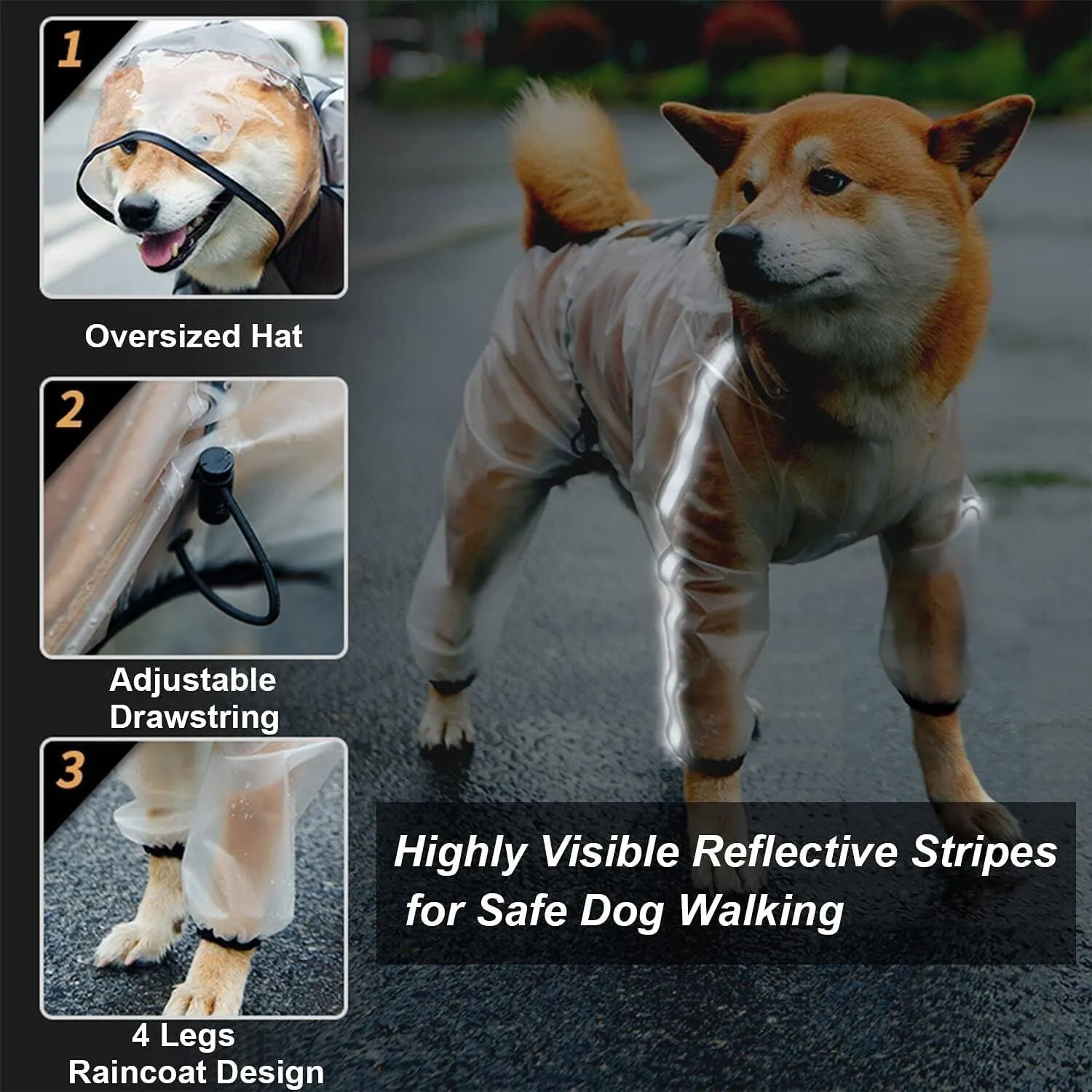 Olsa Dog Raincoat, Dog Hooded Slicker Poncho, 4 Legs Rain Jacket with Reflective Stripe, Transparent Water Proof Resistant Rain Snow Clothes for Small Medium Large