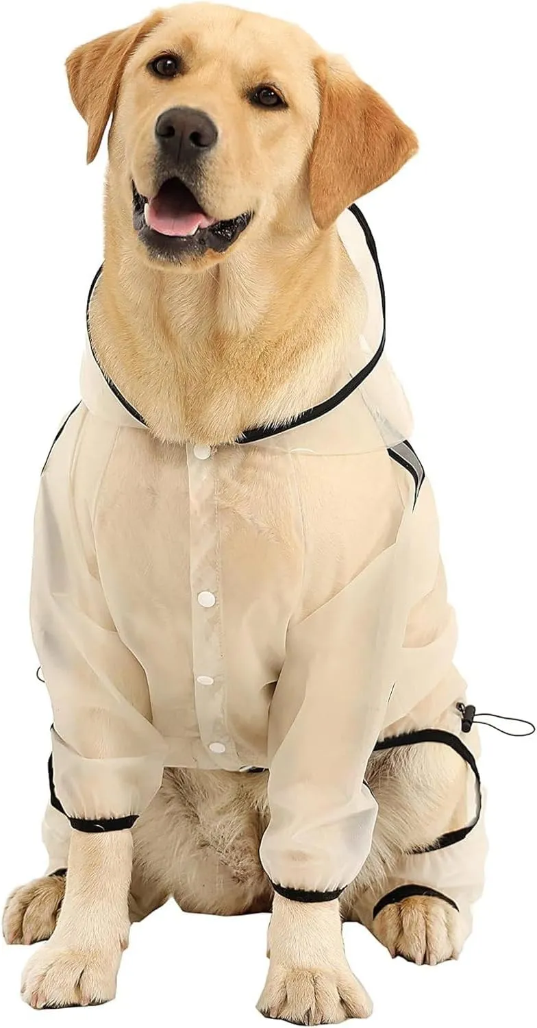 Olsa Dog Raincoat, Dog Hooded Slicker Poncho, 4 Legs Rain Jacket with Reflective Stripe, Transparent Water Proof Resistant Rain Snow Clothes for Small Medium Large