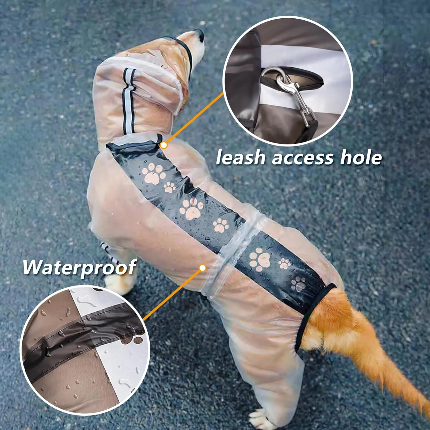 Olsa Dog Raincoat, Dog Hooded Slicker Poncho, 4 Legs Rain Jacket with Reflective Stripe, Transparent Water Proof Resistant Rain Snow Clothes for Small Medium Large