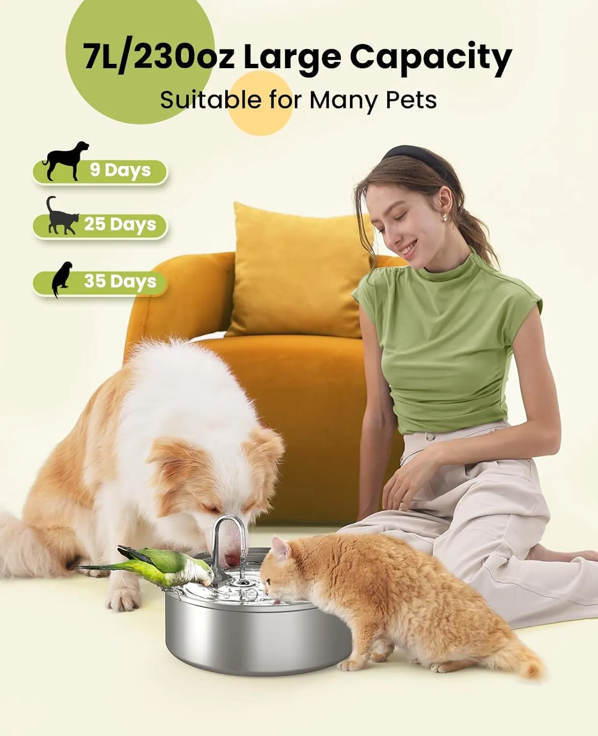 oneisall Dog Water Fountain for Large Dogs,7L/230oz/1.8G Stainless Steel Dog Fountain Bowl Super Quiet with Triple Filtration,Great for Large Dogs Cats and Multi-Pet Home