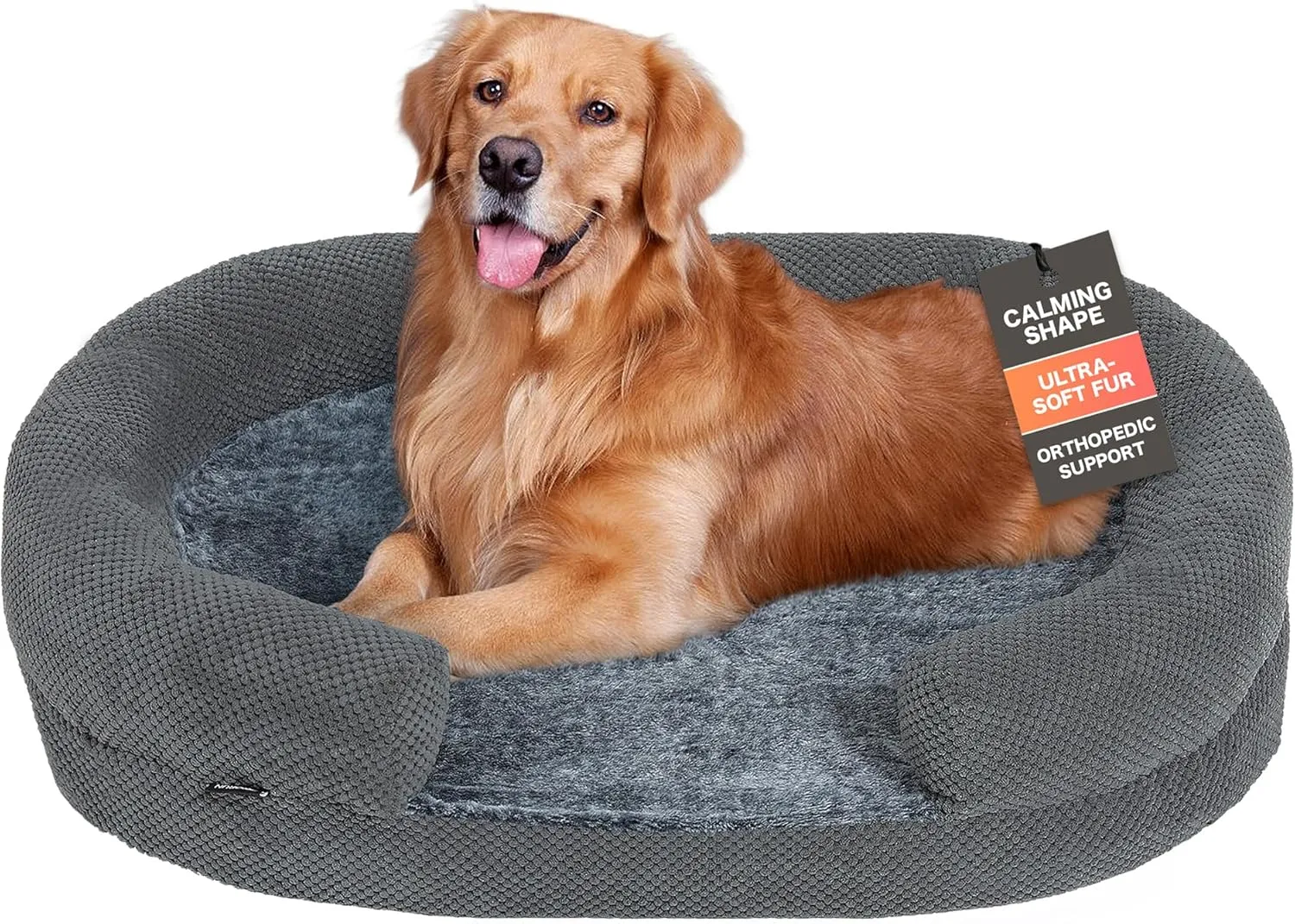 Orthopedic Dog Bed for Extra Large Dogs, Egg Crate Memory Foam Fur Sofa with Comfortable Sides, Soft and Big Dog Couch Bed with Washable Removable Cover and Non-Slip Oval Bottom, 43" Grey