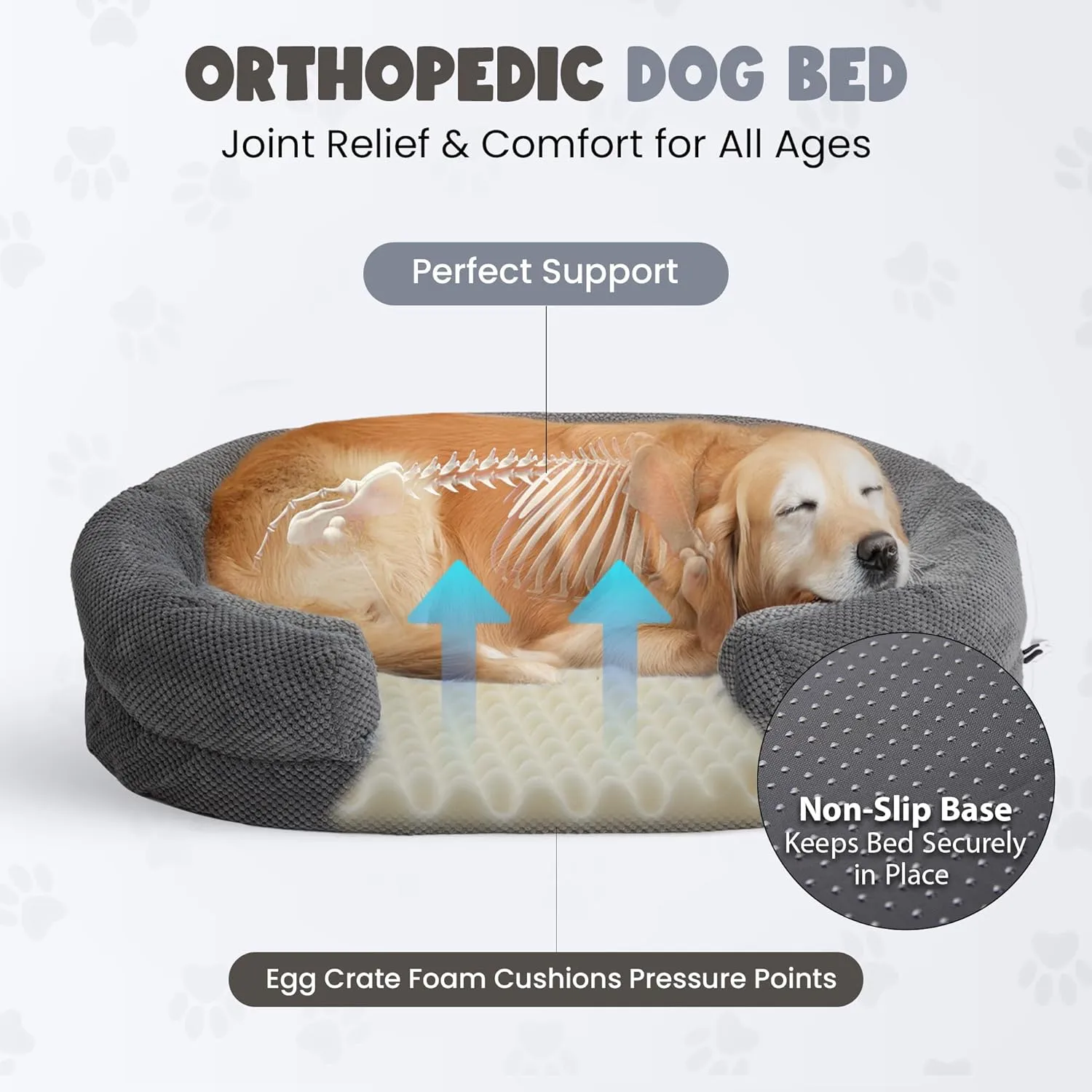 Orthopedic Dog Bed for Extra Large Dogs, Egg Crate Memory Foam Fur Sofa with Comfortable Sides, Soft and Big Dog Couch Bed with Washable Removable Cover and Non-Slip Oval Bottom, 43" Grey