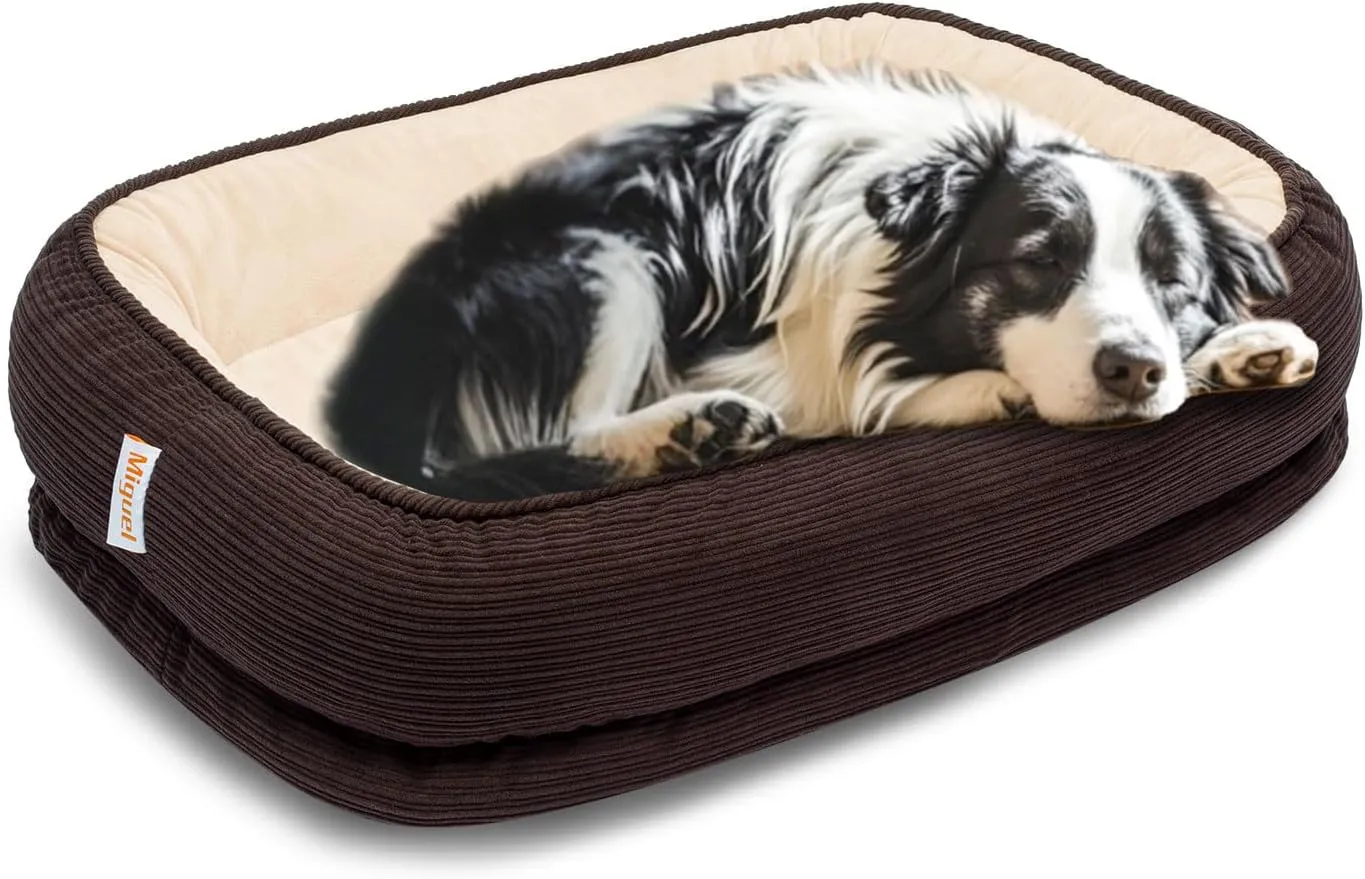 Orthopedic Dog Bed for Large Size Dog Washable Cover, Egg Crate Foam Cat Bed for Senior Cat,Oval Kennel Bed, Pet Couch Bed with Four Sided Bolster, Removable Washable Cover Non-Slip Bottom, Brown
