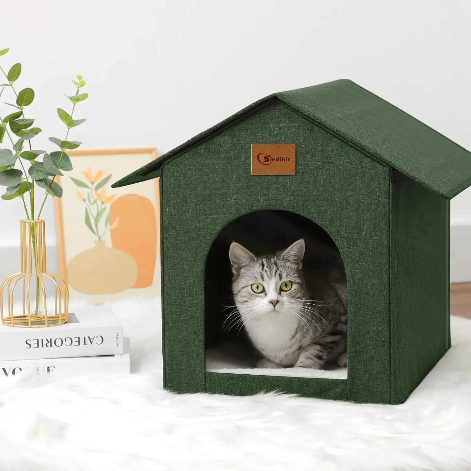 Outdoor Cat House Feral Cat Shelter,Outside Waterproof Cat House for Outdoor/Indoor Cats, Insulated Cat Bed for All Seasons with Cozy Cushion Easy to Assemble, Olive Green, 2 Pack
