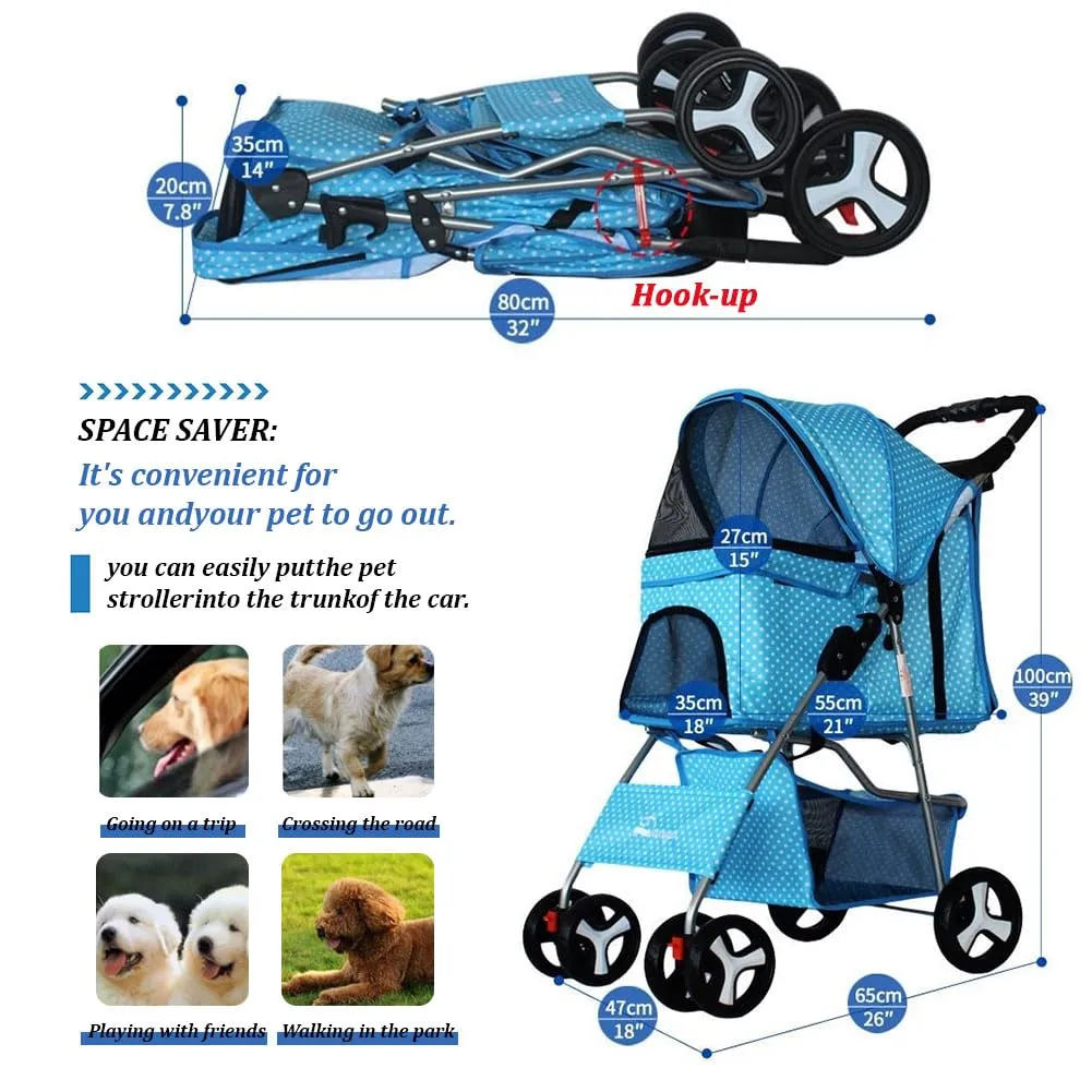 Pet Stroller 4 Wheels, Multifunction Dog Cat Jogger, Folding Lightweight Travel Stroller with Detachable Carrier & Cup Holder for Small/Medium Dogs and Cats, Navy Blue
