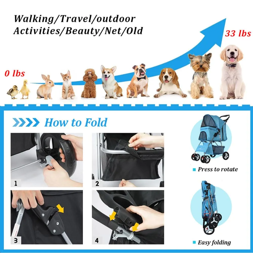 Pet Stroller 4 Wheels, Multifunction Dog Cat Jogger, Folding Lightweight Travel Stroller with Detachable Carrier & Cup Holder for Small/Medium Dogs and Cats, Navy Blue