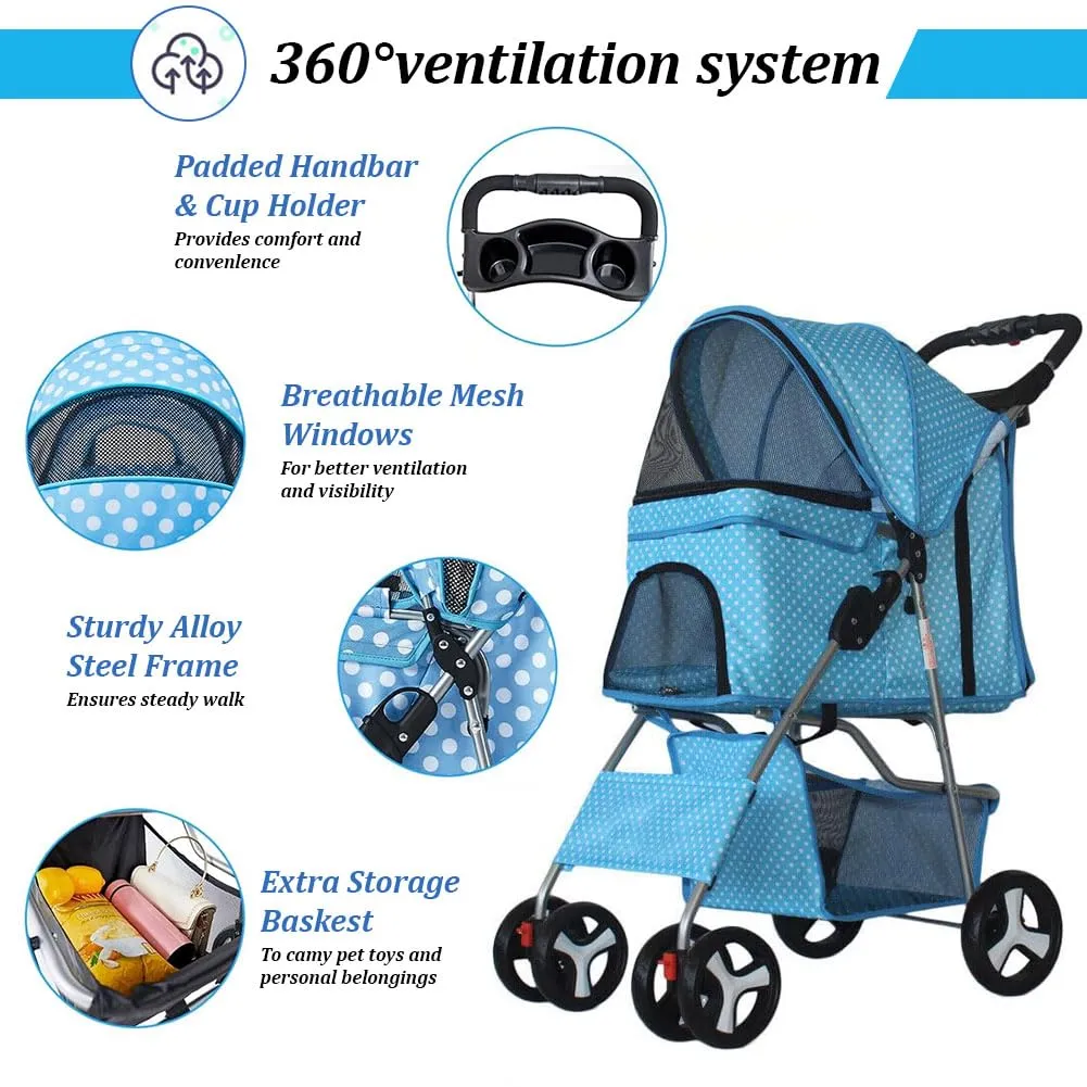 Pet Stroller 4 Wheels, Multifunction Dog Cat Jogger, Folding Lightweight Travel Stroller with Detachable Carrier & Cup Holder for Small/Medium Dogs and Cats, Navy Blue