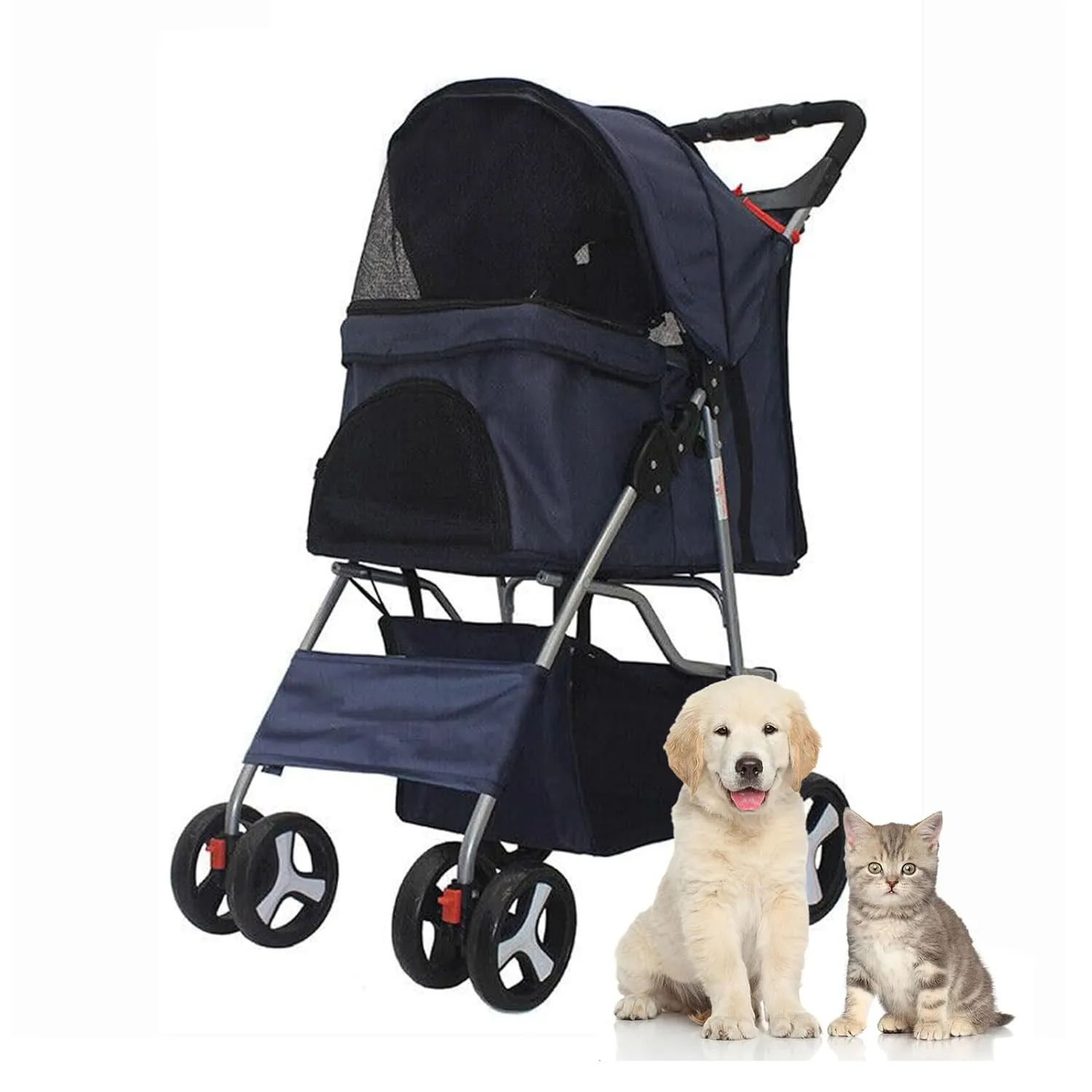 Pet Stroller 4 Wheels, Multifunction Dog Cat Jogger, Folding Lightweight Travel Stroller with Detachable Carrier & Cup Holder for Small/Medium Dogs and Cats, Navy Blue