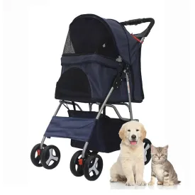 Pet Stroller 4 Wheels, Multifunction Dog Cat Jogger, Folding Lightweight Travel Stroller with Detachable Carrier & Cup Holder for Small/Medium Dogs and Cats, Navy Blue