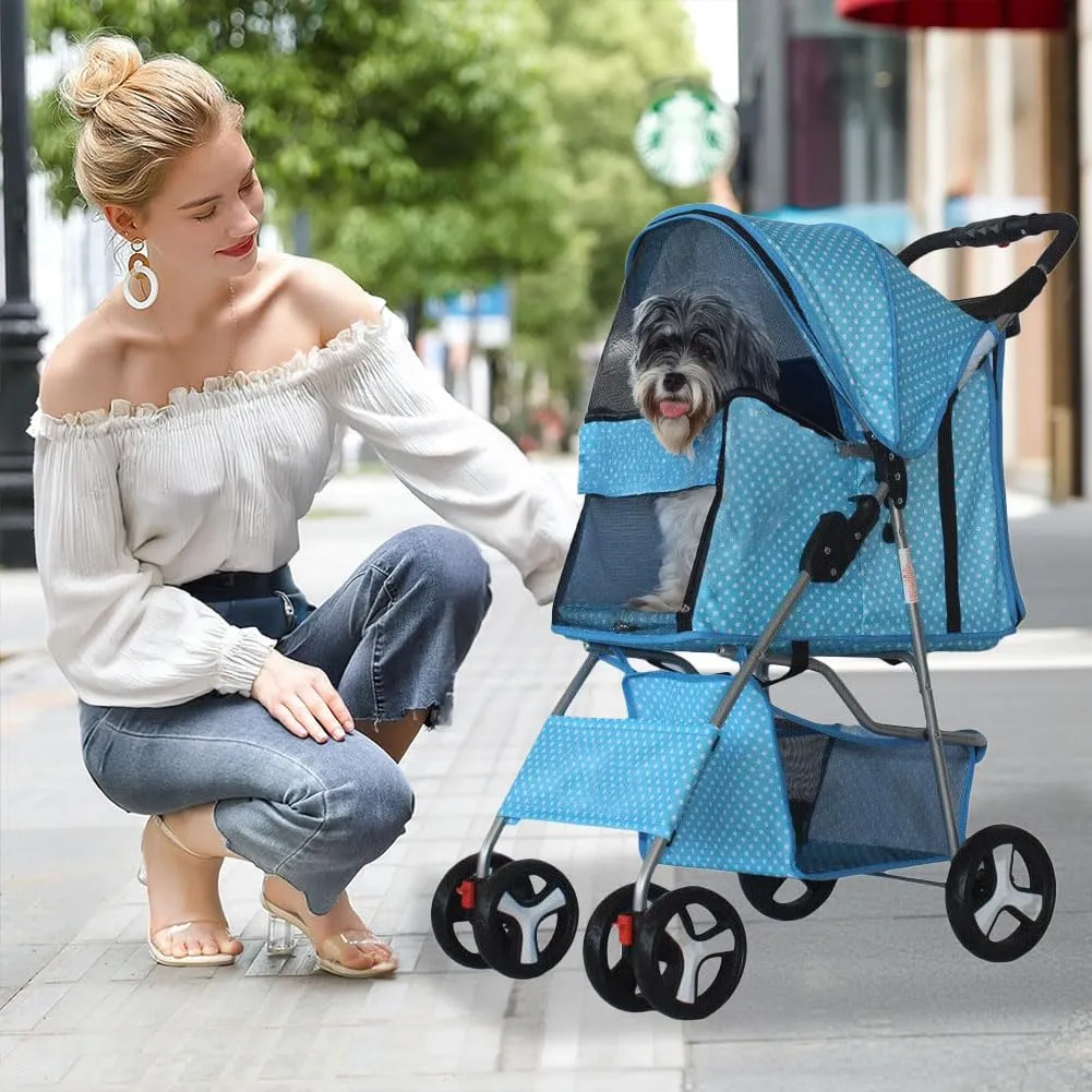 Pet Stroller 4 Wheels, Multifunction Dog Cat Jogger, Folding Lightweight Travel Stroller with Detachable Carrier & Cup Holder for Small/Medium Dogs and Cats, Navy Blue