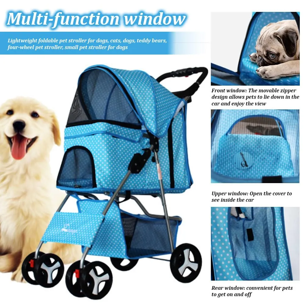 Pet Stroller 4 Wheels, Multifunction Dog Cat Jogger, Folding Lightweight Travel Stroller with Detachable Carrier & Cup Holder for Small/Medium Dogs and Cats, Navy Blue