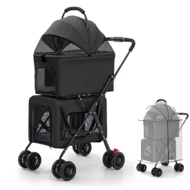 Pet Stroller Double Deck 4 Wheels Withe Rain Cover - Easy-Fold Dog Cat Stroller for Small Medium Dog Cats Carrier, Travel Folding Carrier Breathable and Visible Mesh with Cup HolderBlack