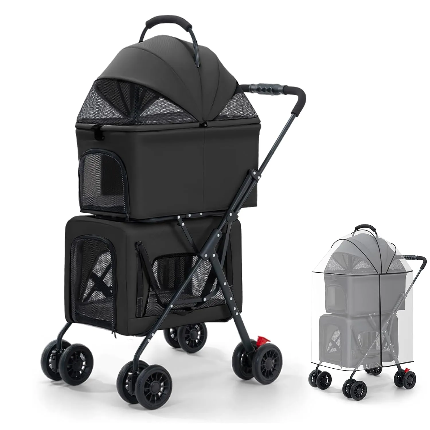 Pet Stroller Double Deck 4 Wheels Withe Rain Cover - Easy-Fold Dog Cat Stroller for Small Medium Dog Cats Carrier, Travel Folding Carrier Breathable and Visible Mesh with Cup HolderBlack