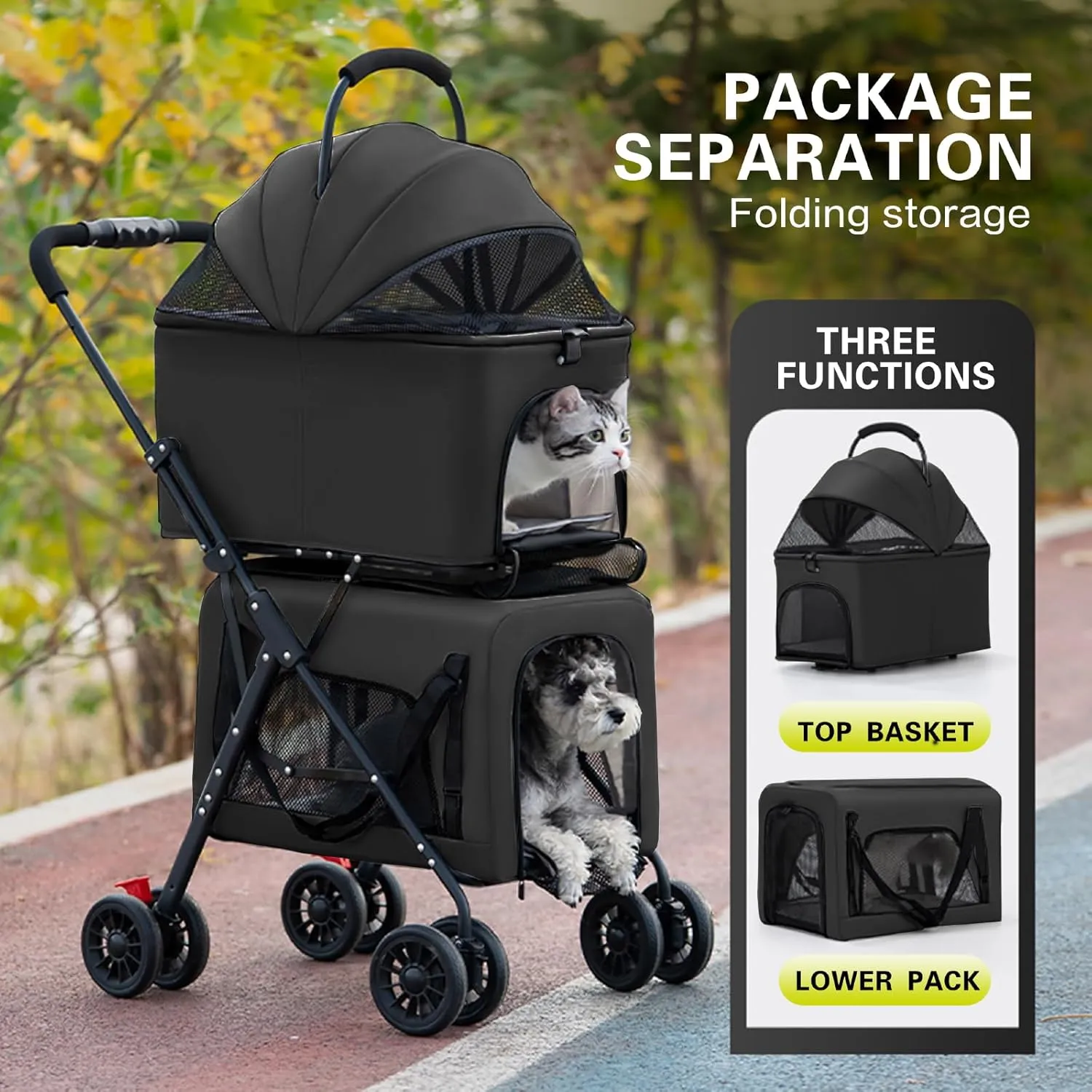 Pet Stroller Double Deck 4 Wheels Withe Rain Cover - Easy-Fold Dog Cat Stroller for Small Medium Dog Cats Carrier, Travel Folding Carrier Breathable and Visible Mesh with Cup HolderBlack