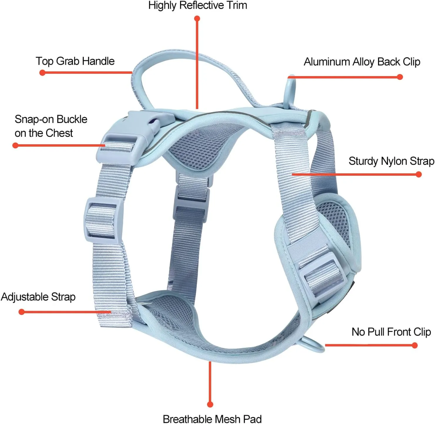 Petmolico Dog Harness for Medium Dogs No Pull, Cute Dog Harness with Two Leash Clips and Soft Handle, Reflective Easy Walk Dog Harness with Leash, Light Blue Medium
