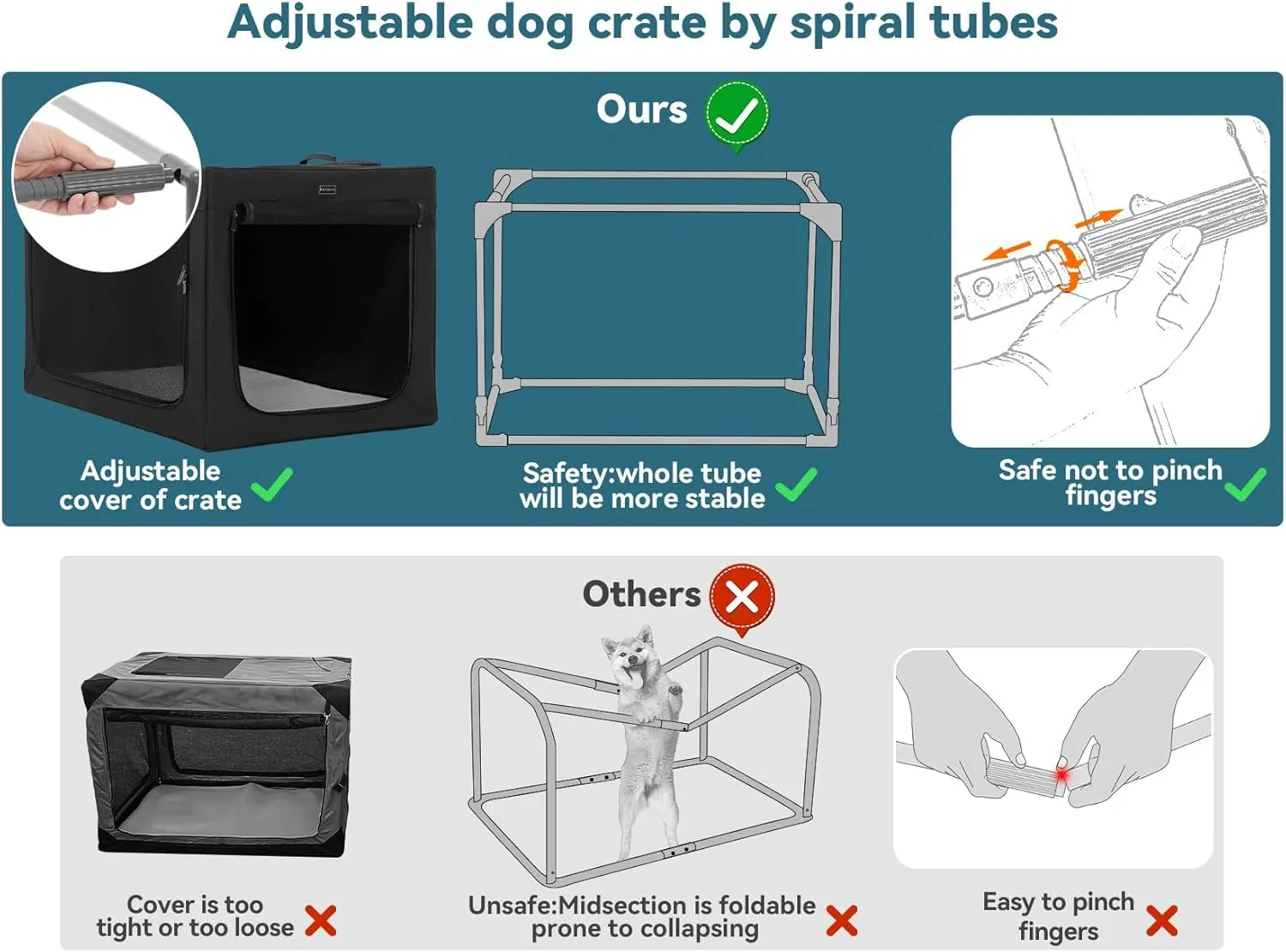 PETSFIT Portable Dog Crate, Soft Dog Crate - 24 Inch Easy Set-up, Light, Sturdy, Comfy Inside with Thicken Mat, Collapsible Crate for Home and Travel Black