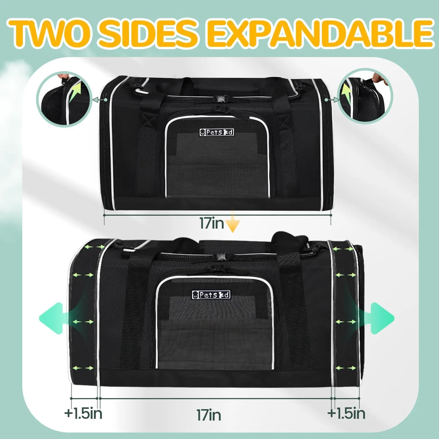 Petskd Length-Expandable Pet Carrier 17x12x8.5 Inches JetBlue Frontier Spirit Airline Approved, Soft Pet Travel Carrier for Small Cats Dogs with Zipper Locks and Anti-Scratch Mesh(Black)