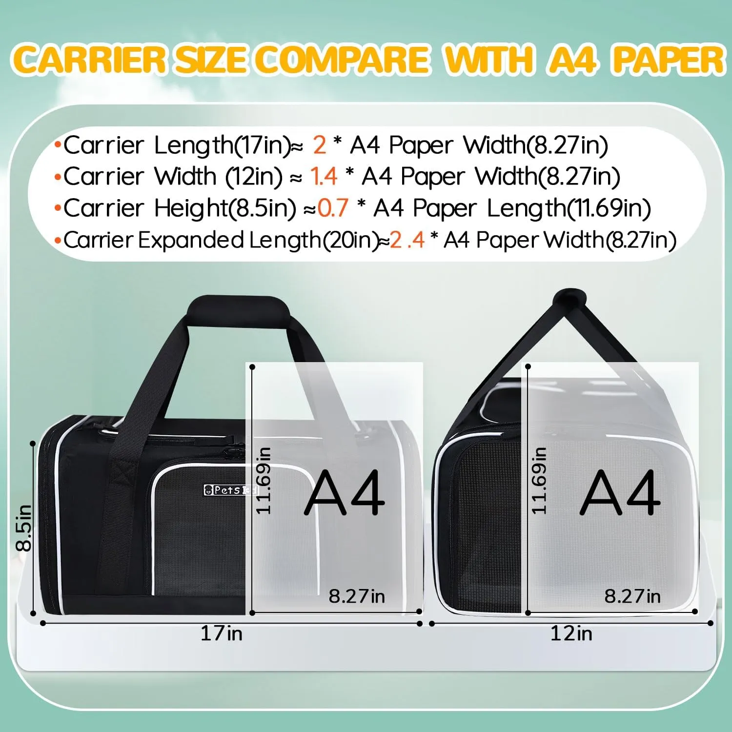 Petskd Length-Expandable Pet Carrier 17x12x8.5 Inches JetBlue Frontier Spirit Airline Approved, Soft Pet Travel Carrier for Small Cats Dogs with Zipper Locks and Anti-Scratch Mesh(Black)