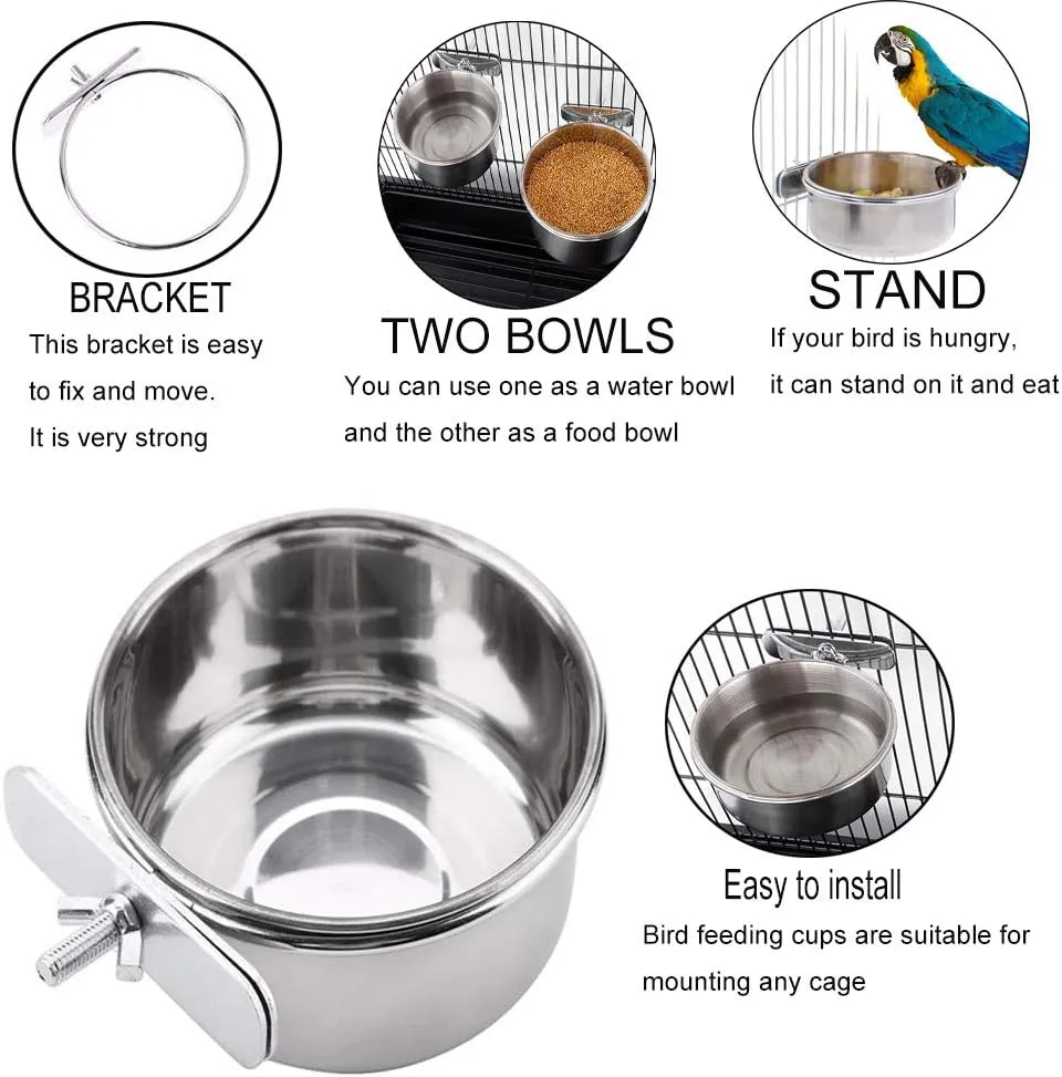 PINVNBY Parrot Feeding Cups Birds Food Dish Stainless Steel Parrot Feeders Water Cage Bowls with Clamp Holder for Cockatiel Conure Budgies Parakeet Parrot Macaw Small Animal Chinchilla Pack of 2