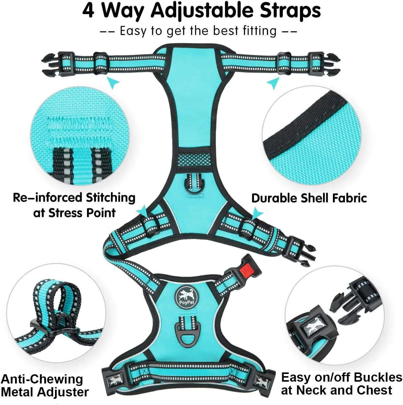 PoyPet No Pull Dog Harness, [Release on Neck] Reflective Adjustable No Choke Pet Vest with Front & Back 2 Leash Attachments(Mint Blue,XS)
