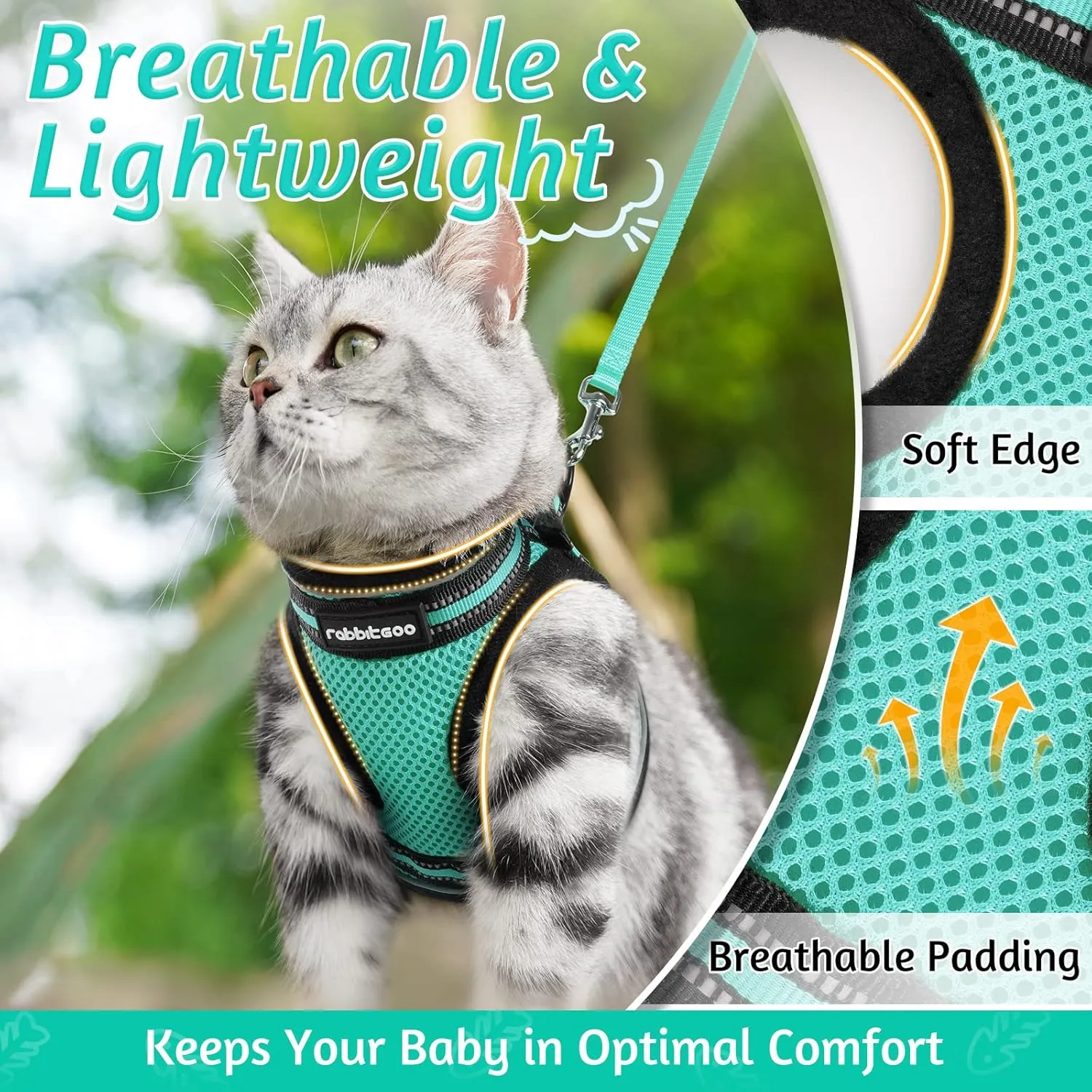 rabbitgoo Cat Harness and Leash Set for Walking Escape Proof, Adjustable Soft Kittens Vest with Reflective Strip for Cats, Comfortable Outdoor Vest,Green,L