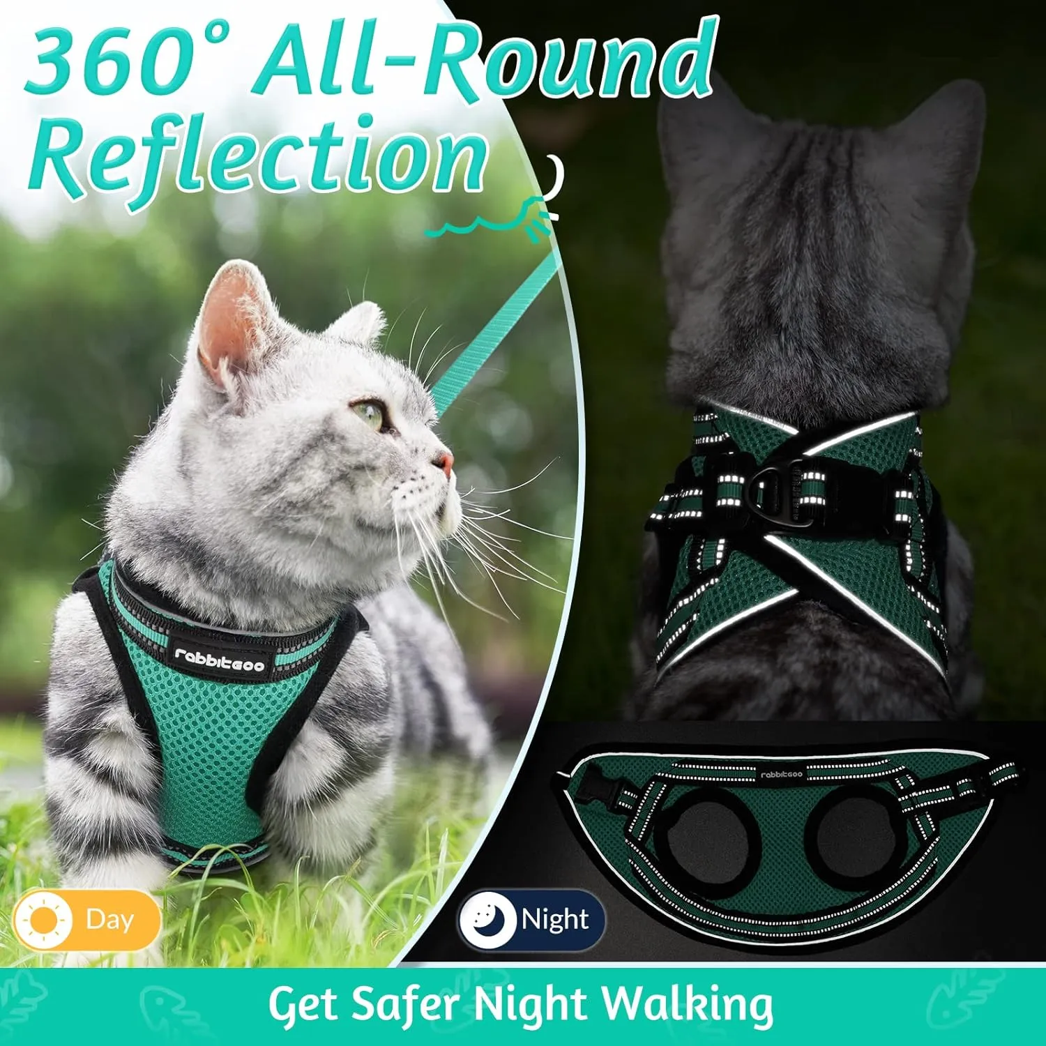 rabbitgoo Cat Harness and Leash Set for Walking Escape Proof, Adjustable Soft Kittens Vest with Reflective Strip for Cats, Comfortable Outdoor Vest,Green,L